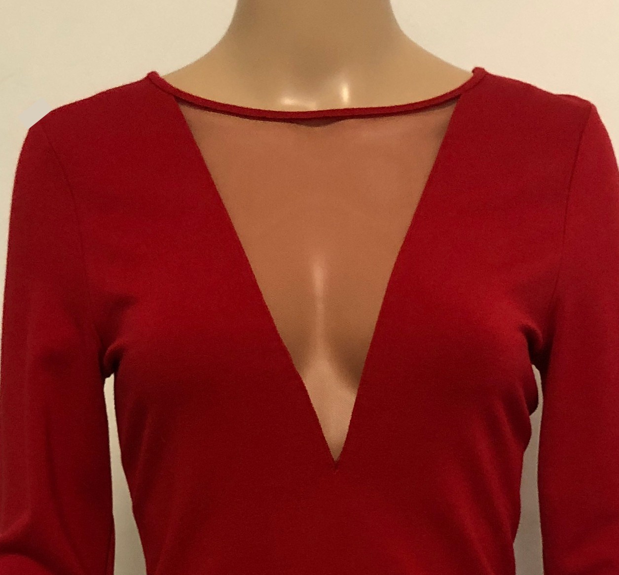 Red Sassy Bodycon Deep V Sheer Mesh Mini Dress Sz Large Long Sleeve