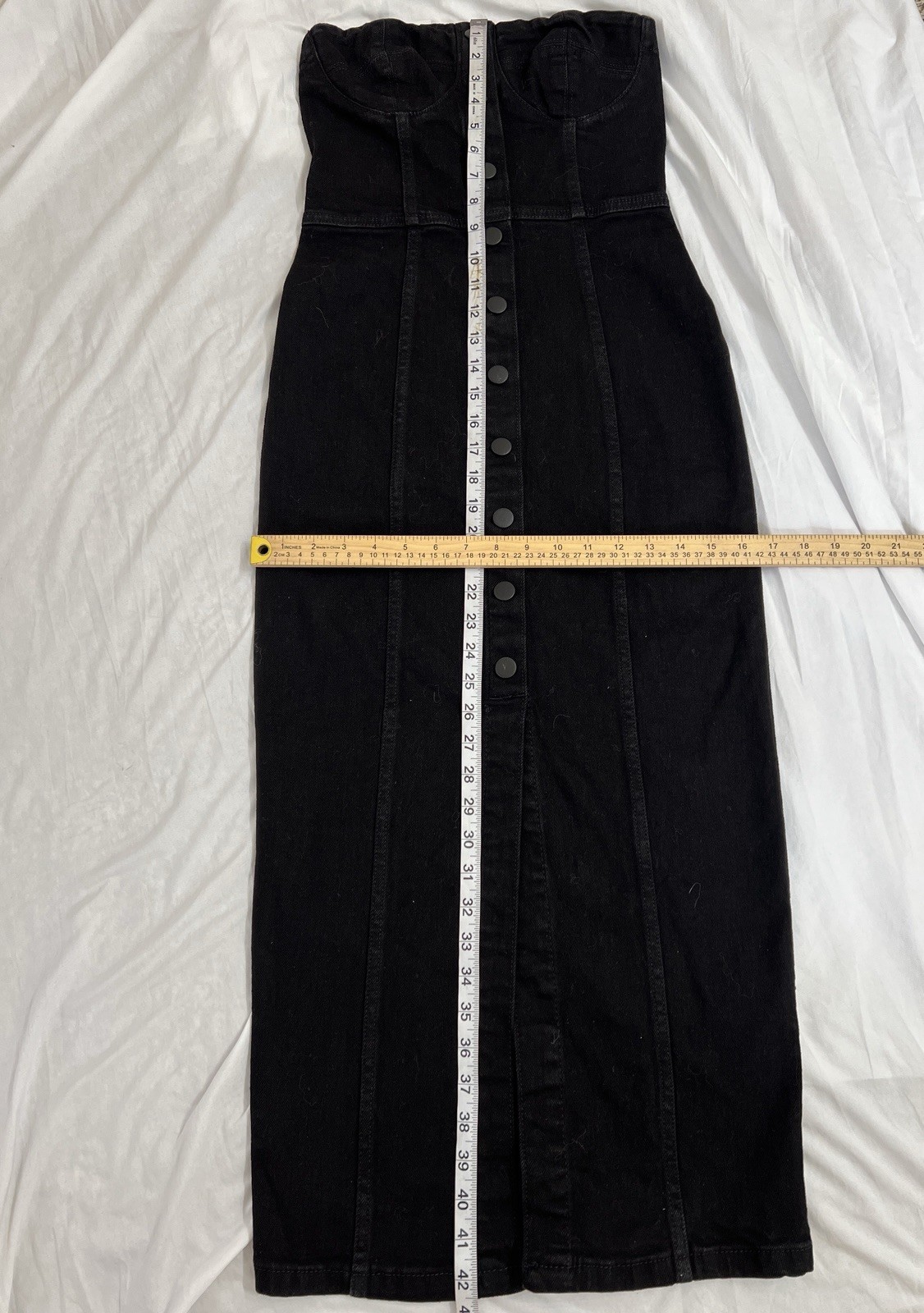 Zara Black Denim Strapless Button-Front Midi Dress with Slit Size S NWT