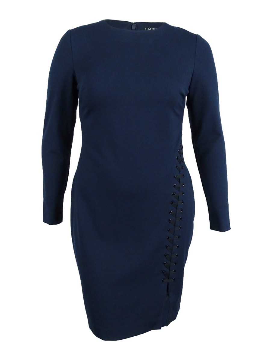 Lauren Ralph Lauren Women’s Lace-Up Side Slit Dress (0, Royal Navy)