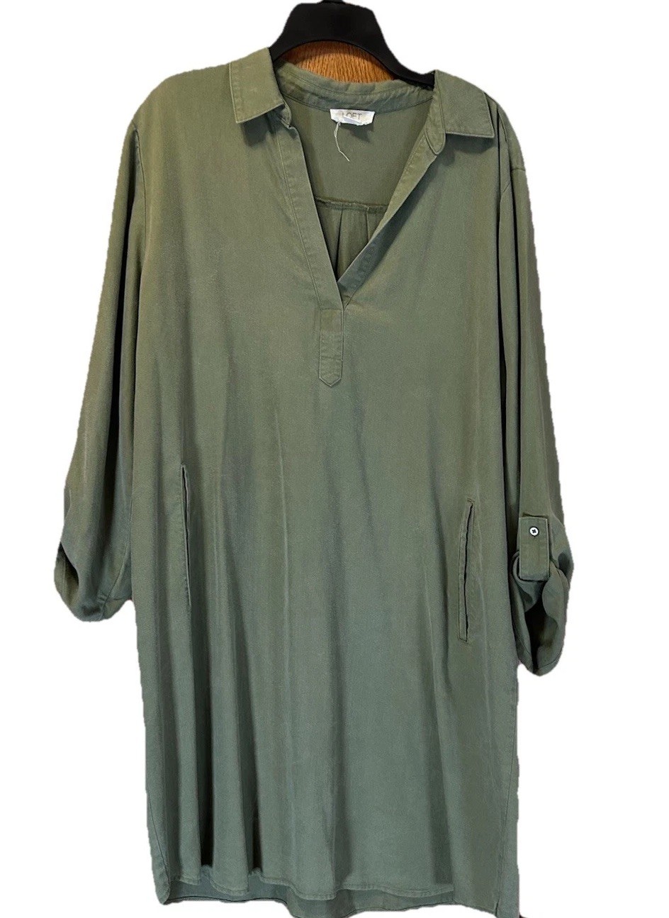 LOFT Outlet Lounge XL Olive Green Lyocell Shirt Dress Collared Roll Tab Pockets