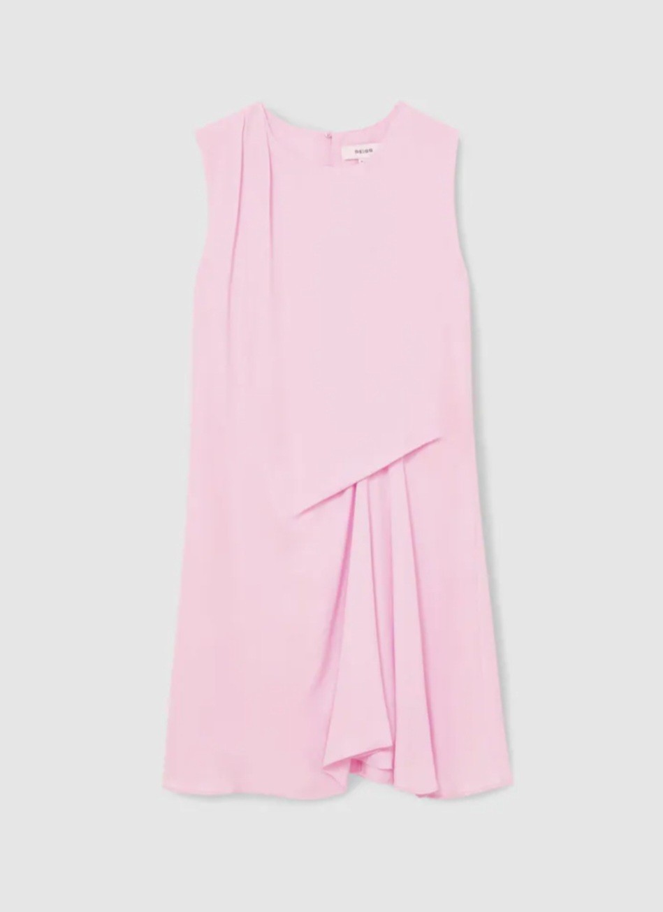 Reiss Elina Draped Tuck Mini Dress, Pale Pink – Size 10