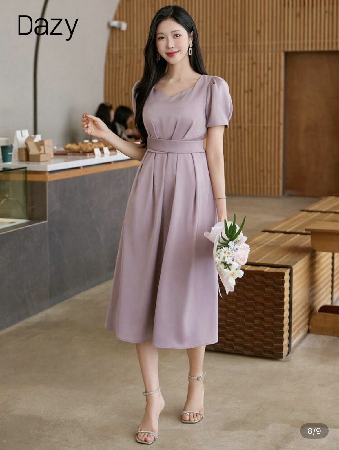 Dazy Women’s Solid Color Square Neck Puff Sleeve Pleated Midi Dress Size Small