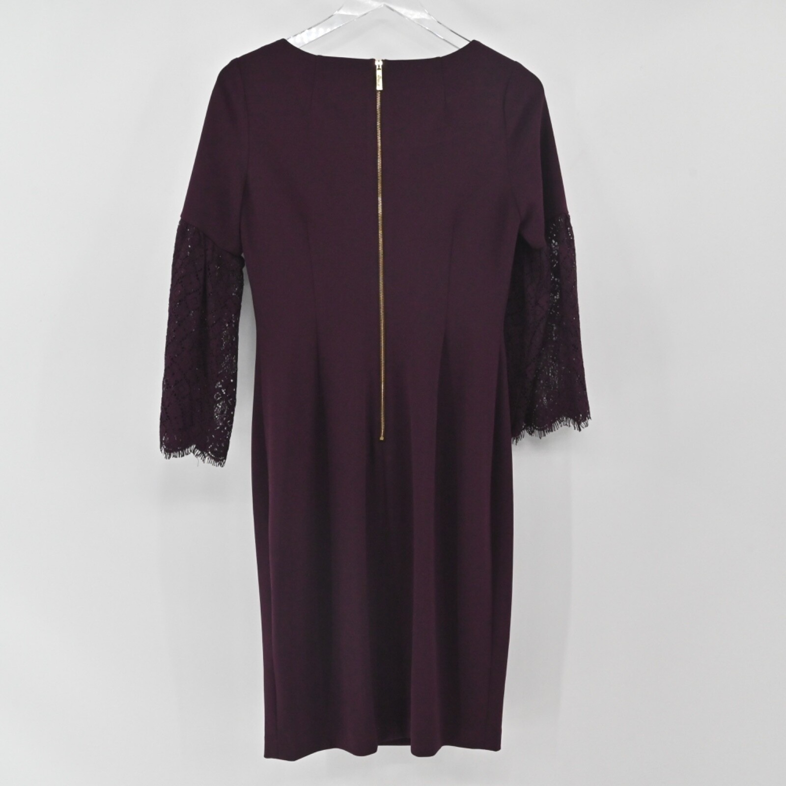 Calvin Klein Burgundy Sheath Dress Size 4 Lace Bell Sleeve Sheath Moody Romantic