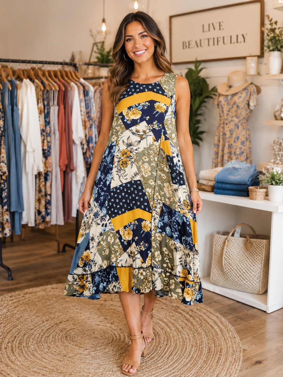 COLDWATER CREEK Dress Women Small Blue Yellow Green Patchwork Floral Boho Lined