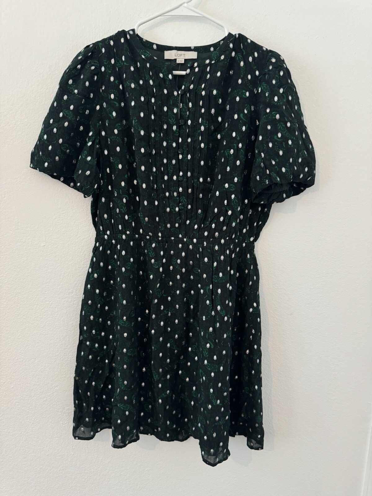 Loft Metallic Clip Pintucked Flare Dress Dark Green Silver Classic NWT Medium