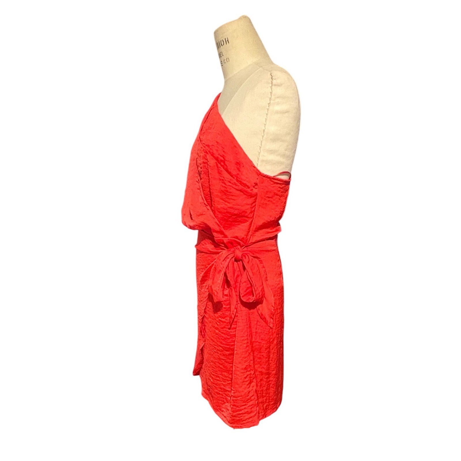 Red One Shoulder Textured Mini Wrap Dress Side Tie Med Wedding Guest Going out
