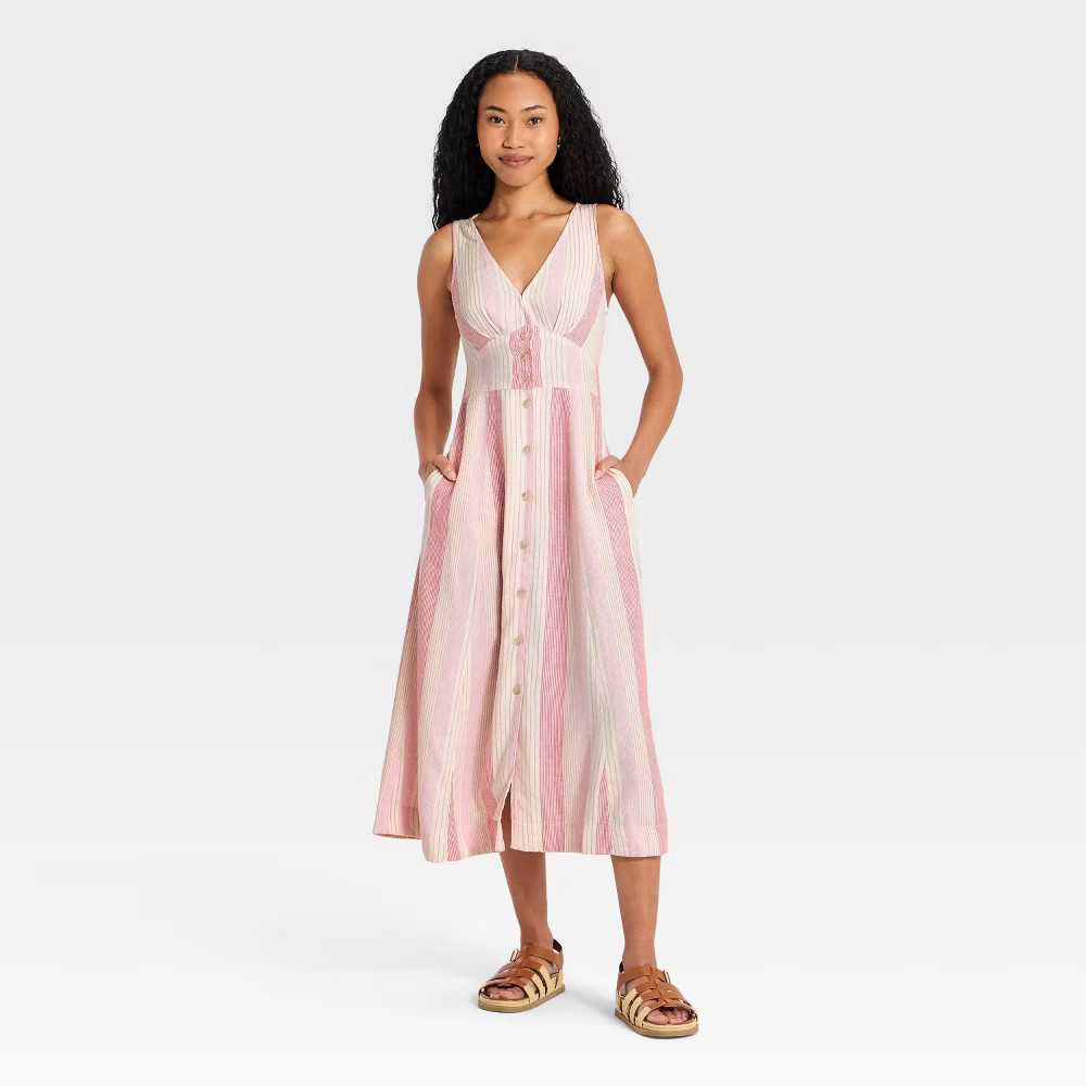 Women Woven Button-Front Midi Sundress – Universal Thread Pink Striped XS