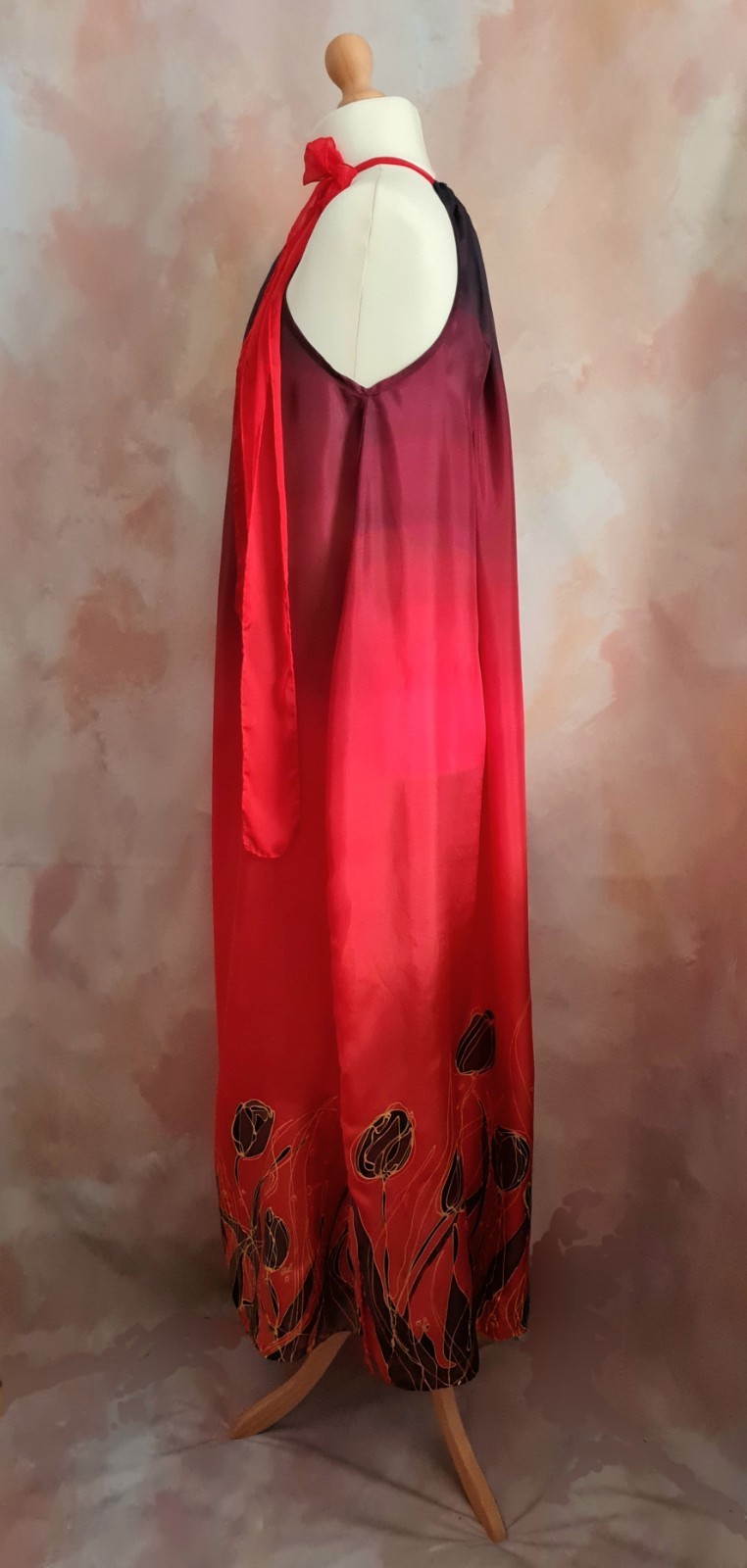 Bespoke Hand Painted Signed Silk Red/Black Tulips Summer Party Dress with Shawl