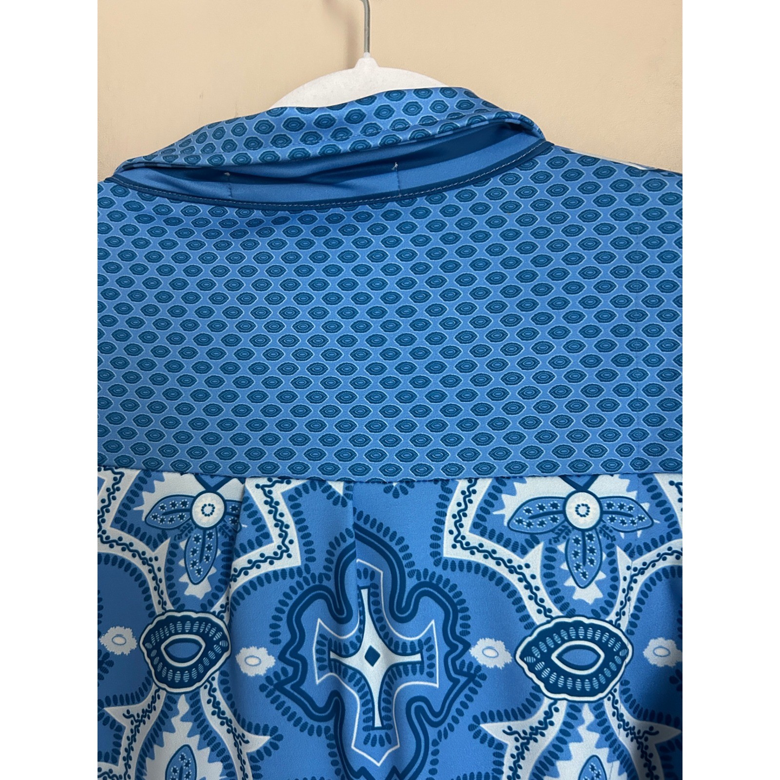 Gretchen Scott Blue White Geometric Tile Print Shift Dress 3/4 Sleeve Size Large