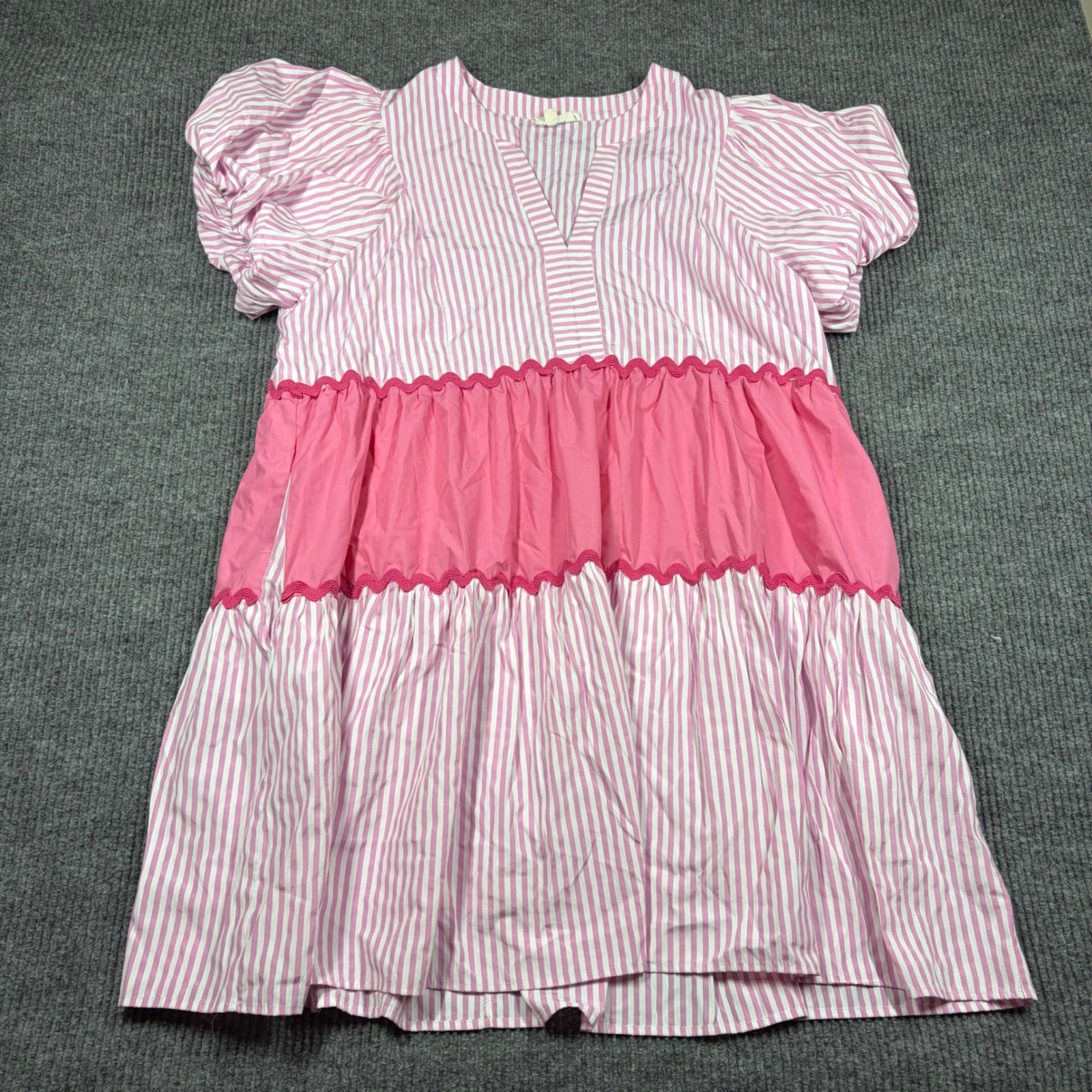 Entro Dress Womens 2X Pink White Striped Trim Tiered Babydoll Puff Sleeve