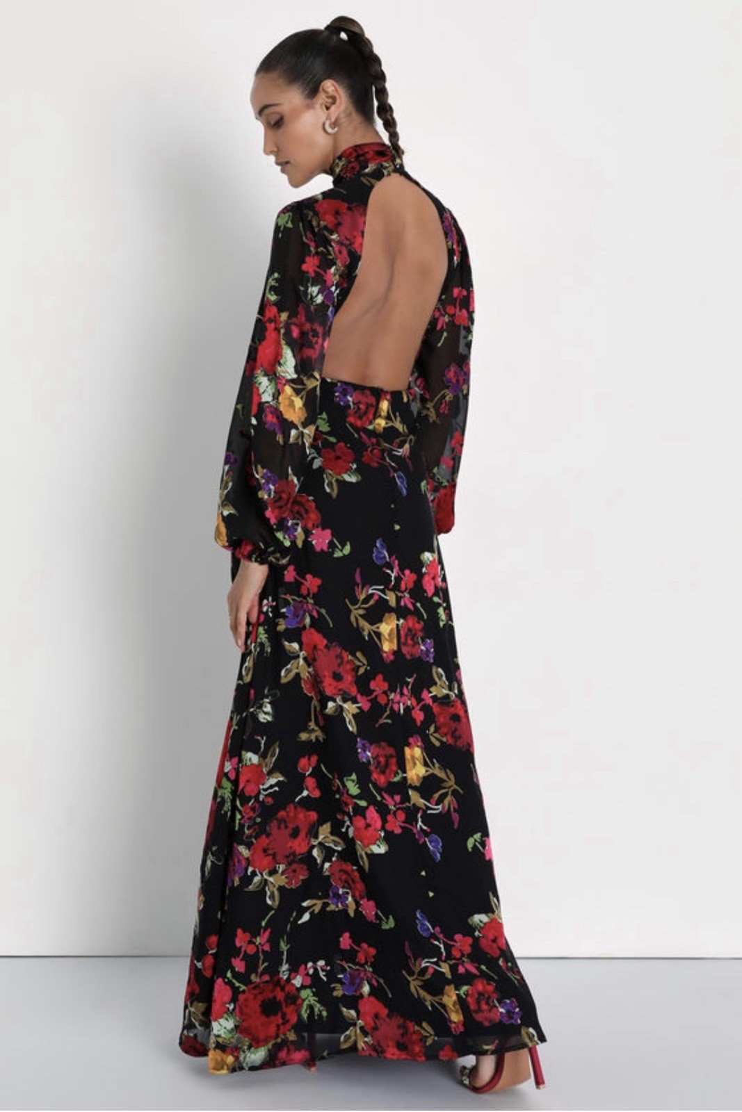 Lulus Floral Backless Maxi Dress L Mock Neck Long Sleeve Wedding Guest Formal