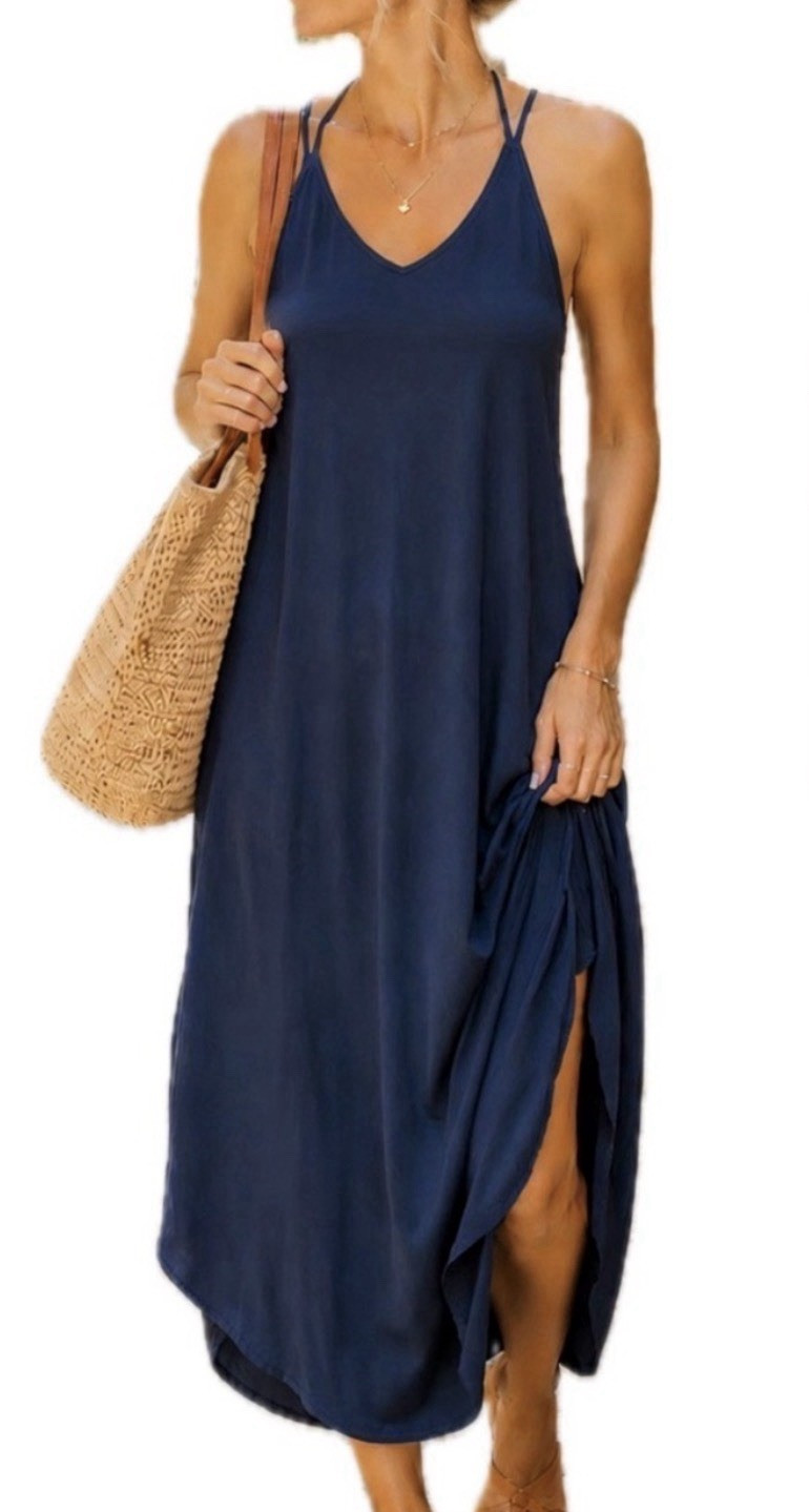 Women’s L Blue Solid V-Neck Strappy Sleeveless Maxi Slip Dress Polyester