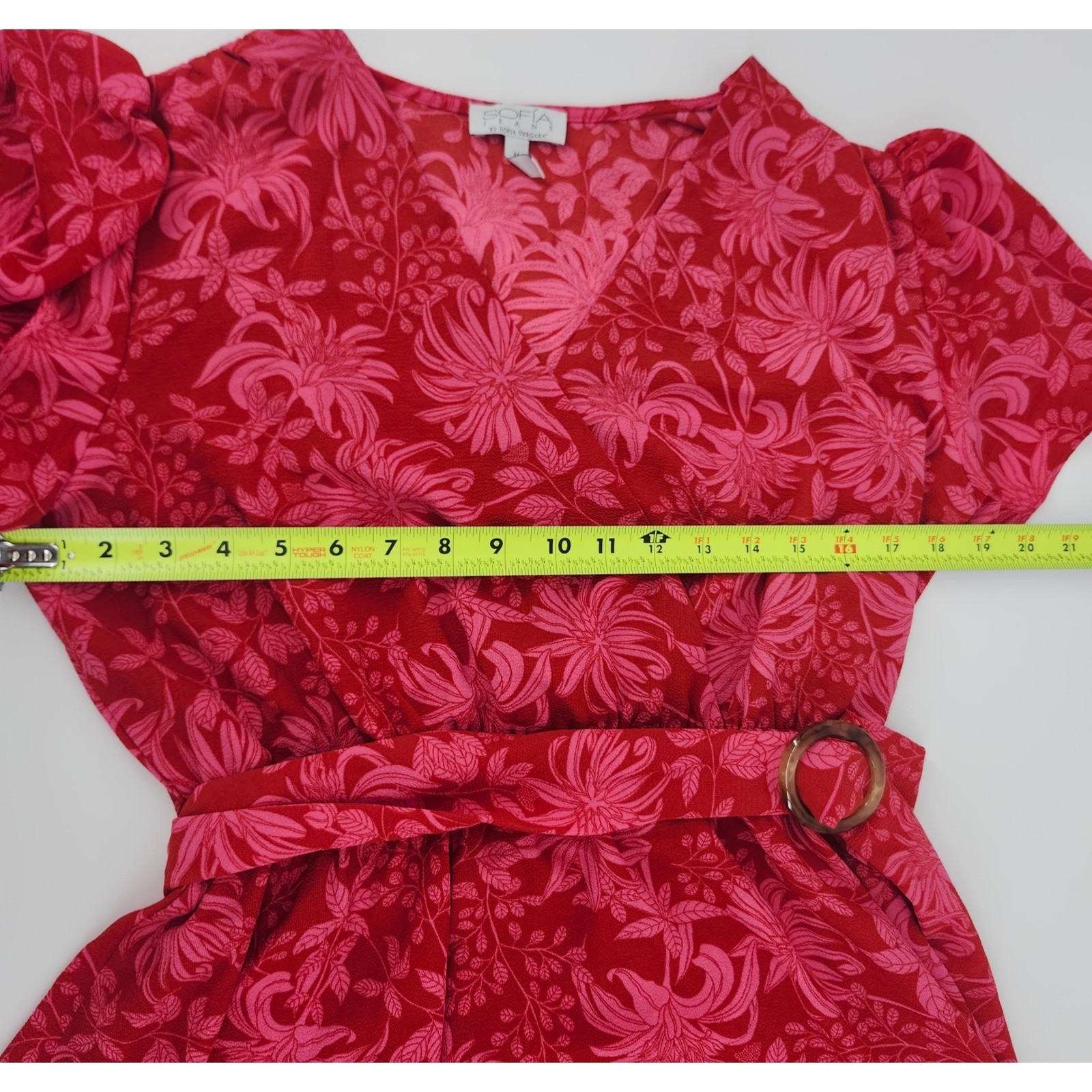 Sofia Jeans by Sofia Vergara Red Pink Floral Wrap Midi Dress Tiered Ruffle M