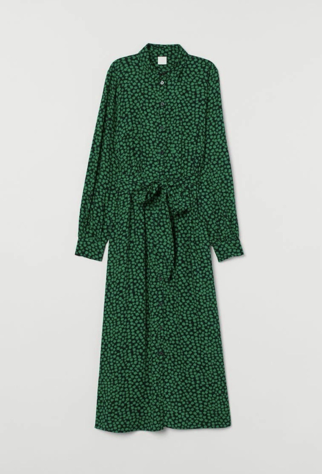 H&M BLACK-GREEN FLORAL MIDI SHIRT DRESS WITH A TIE BELT Size 2XL