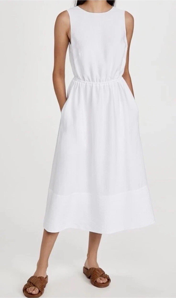 VINCE ~ MIDI DRESS w POCKETS ~ V CROSS BACK optic white S Classic Minimalist