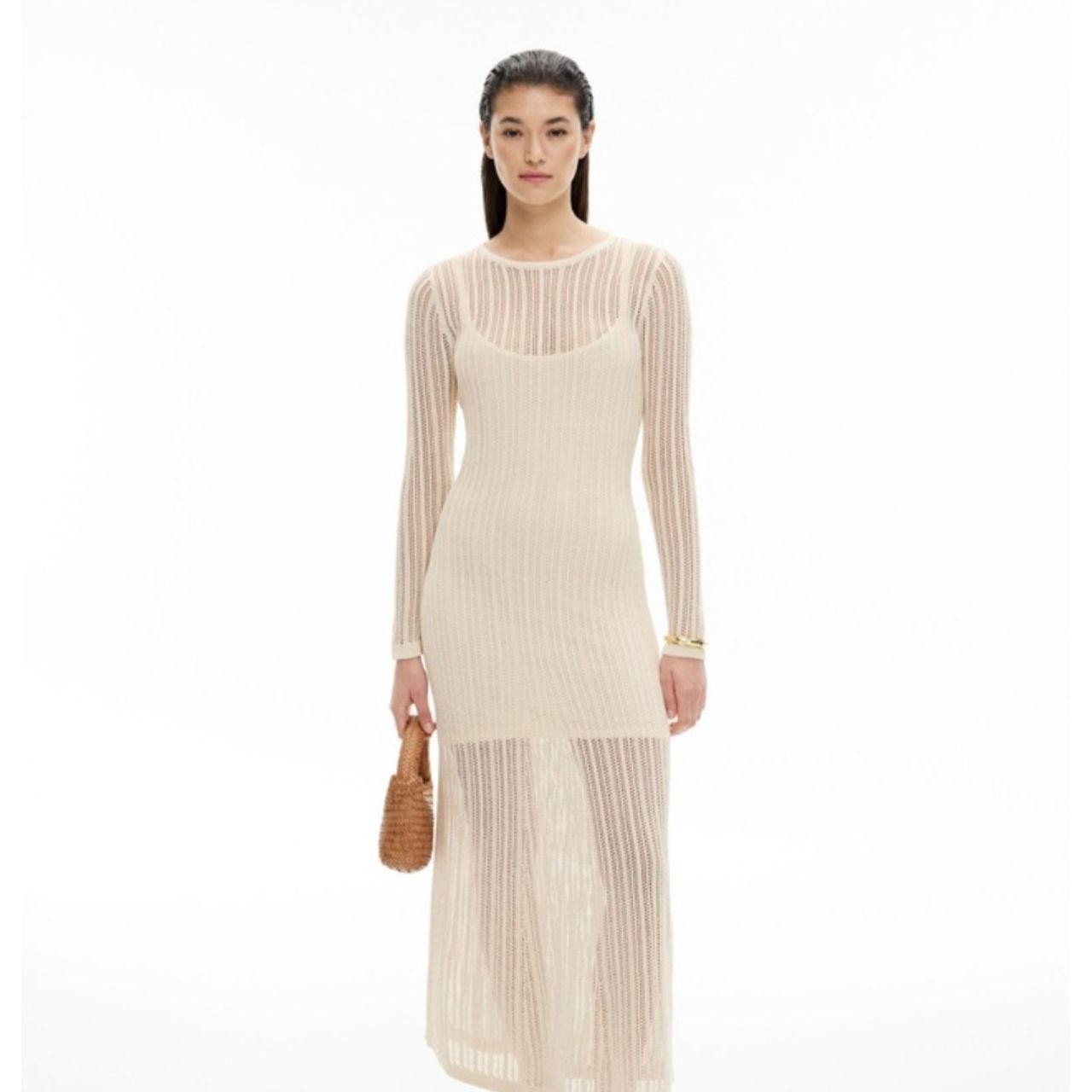 Witchery Women’s Cream and Tan Fishnet Netting Mesh Long Sleeve Maxi Dress AU M
