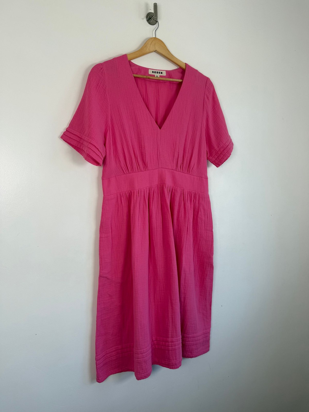Boden Dress Size 14 Pink V Neck Double Cloth Cotton Summer Holiday Knee Length