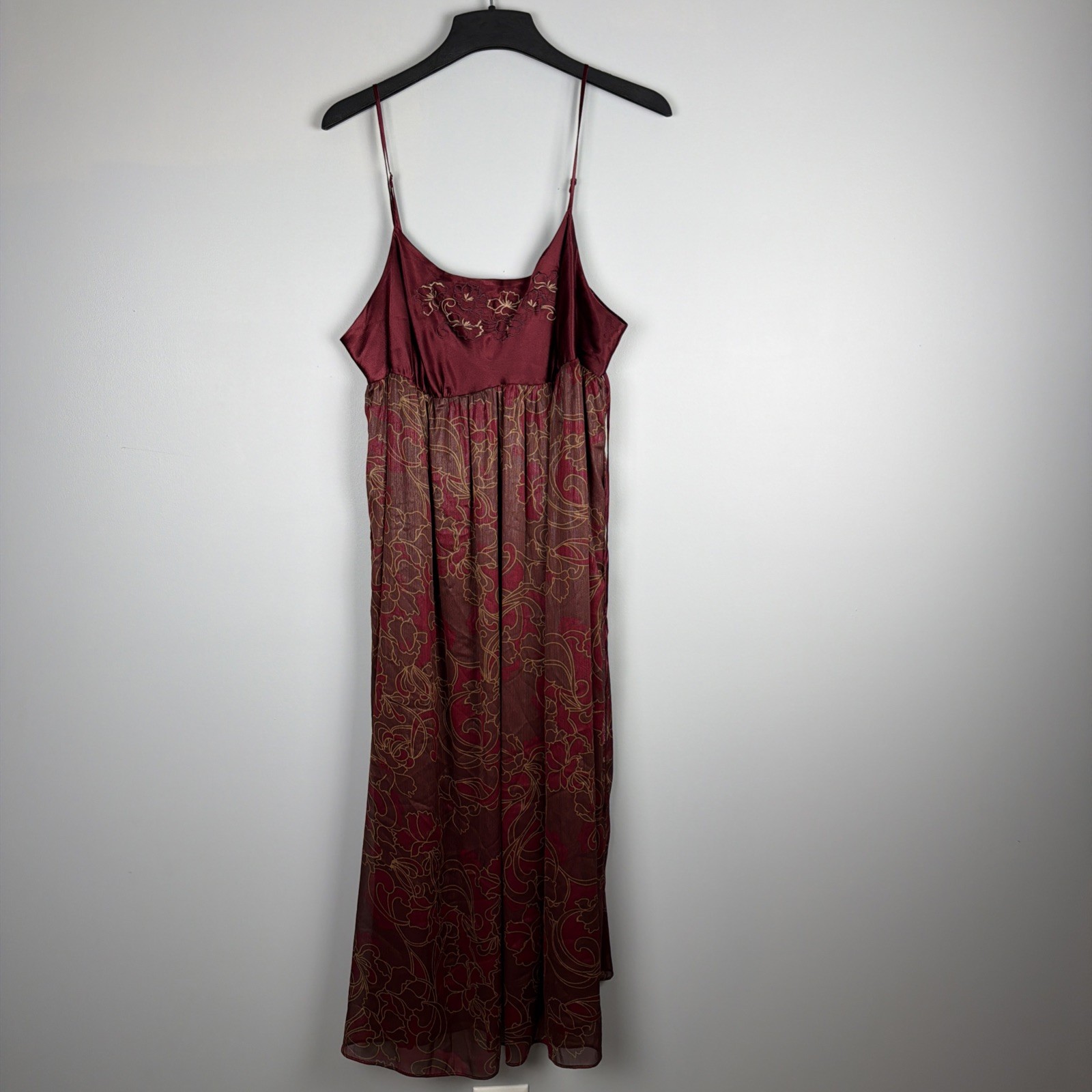 VTG Y2K Cabernet Maxi Slip Dress Womens XL Satin Silky Baby Maroon Floral Boho
