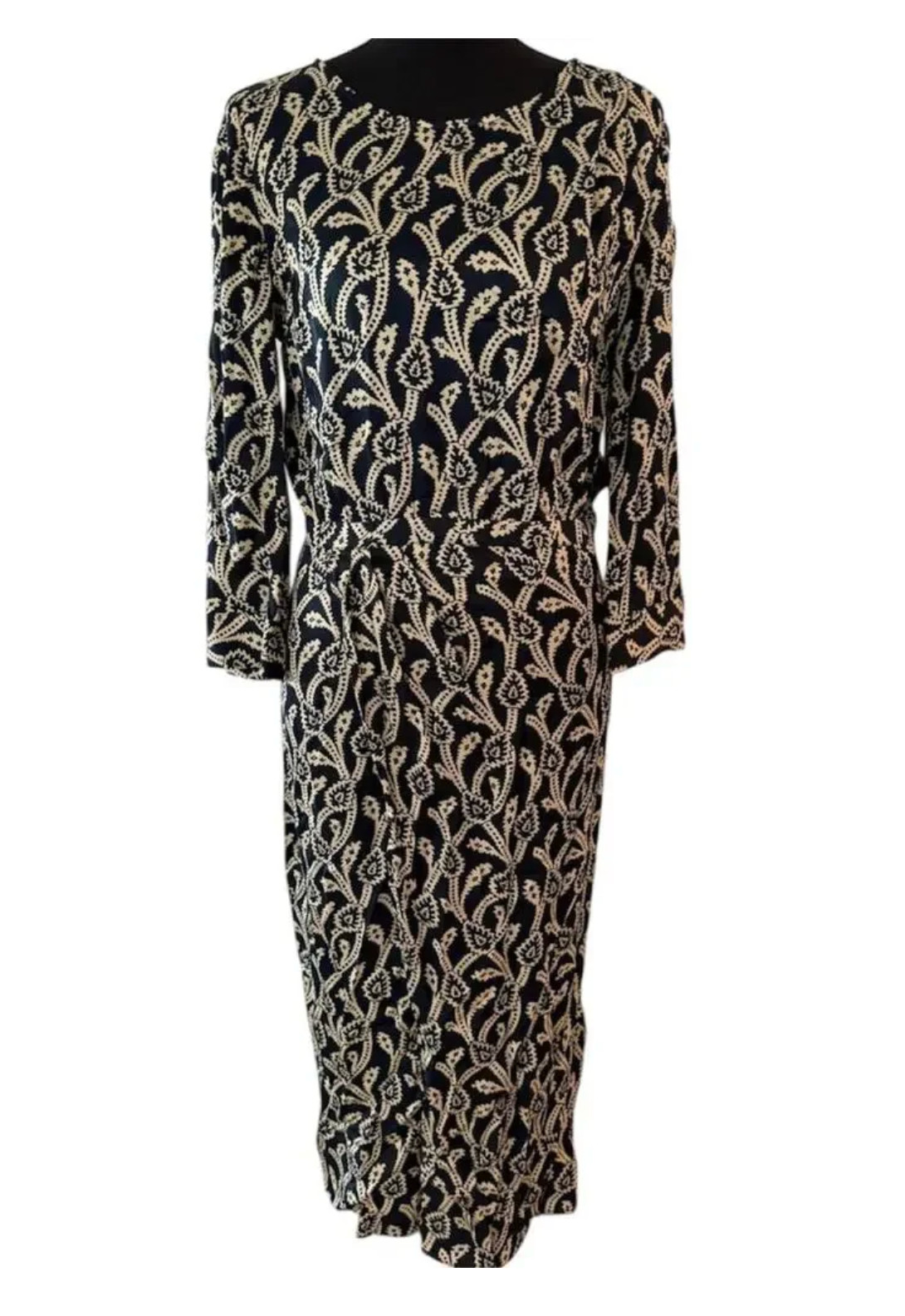 BA&SH Opal Wrap-Effect Navy Cream Paisley-Style Midi Dress RETAIL $425