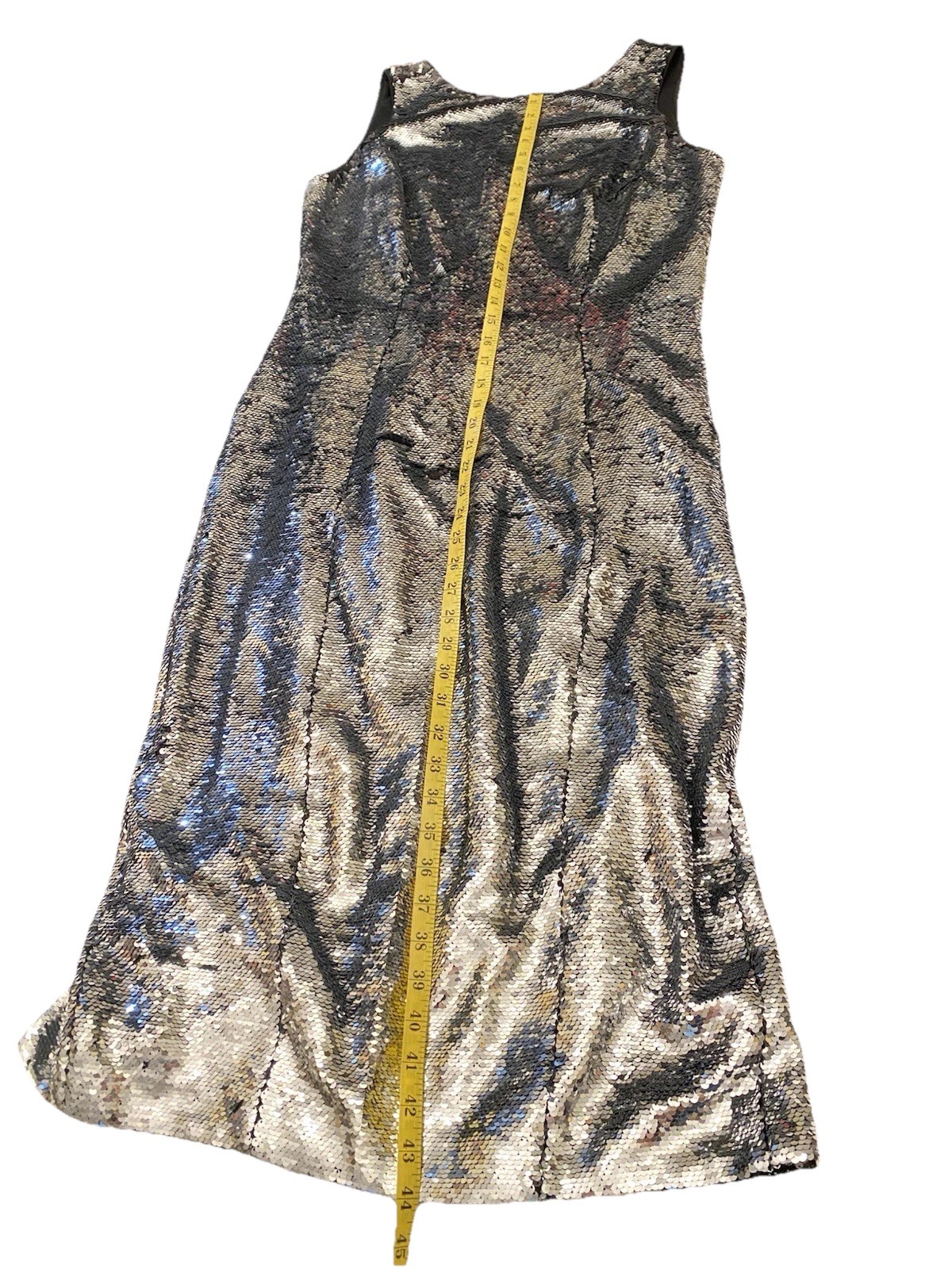 EVA MENDES Reverse Silver & Black Full Sequin Midi Sheath Dress Party Size L