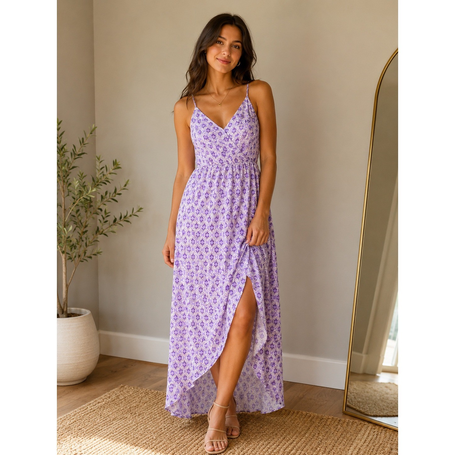 Fraiche by J Maxi Dress Purple Mosaic Print Ruffle High-Low XL FD4574 NWT
