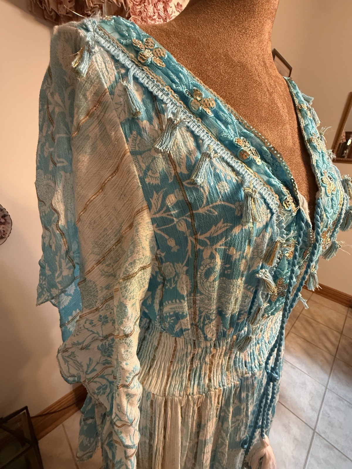 Blue White Boho Maxi Dress Size M Embroidered Lace Tassel Cottagecore Beach