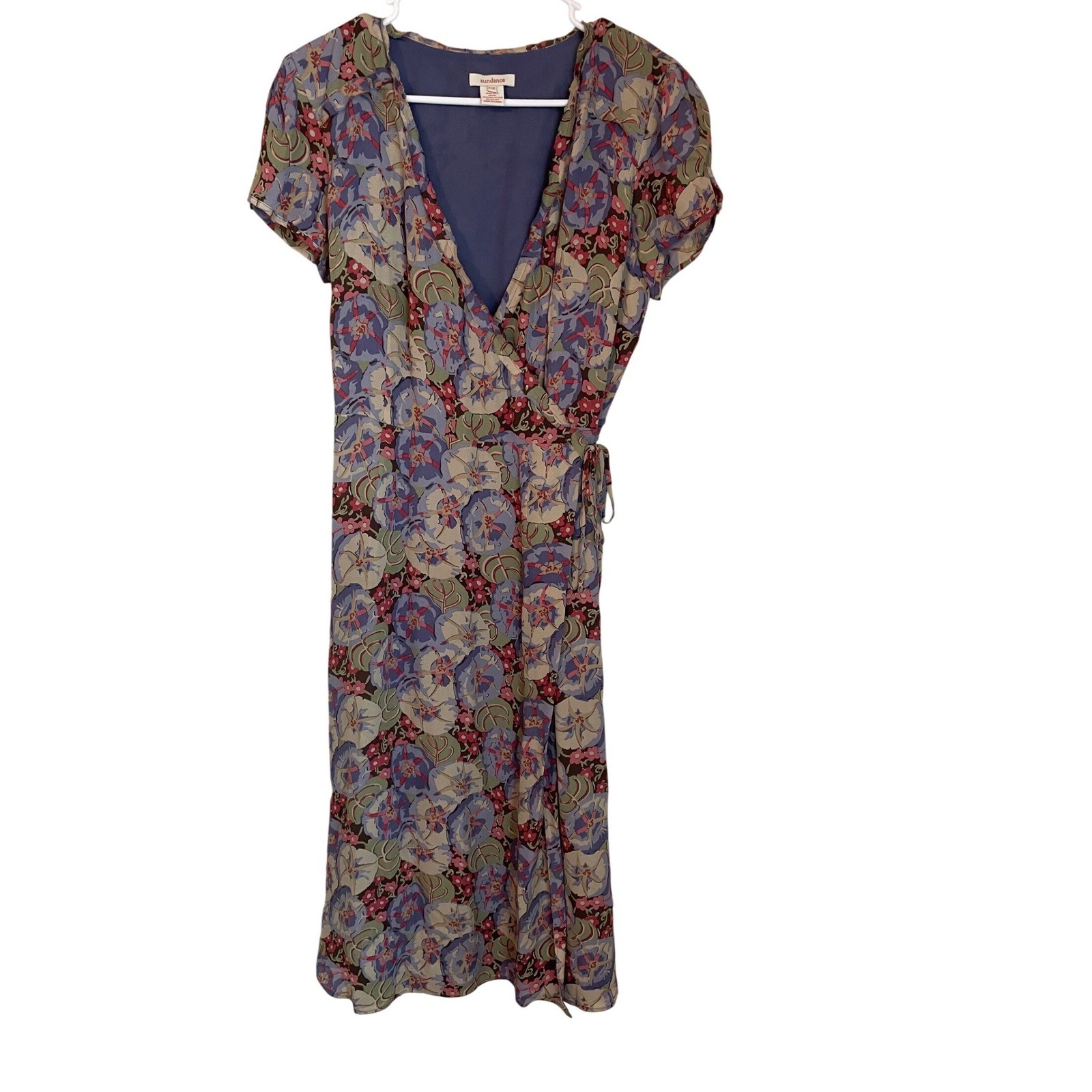 Sundance Womens Size 12 Floral 100% Silk Midi Wrap Dress Short Sleeve Lined