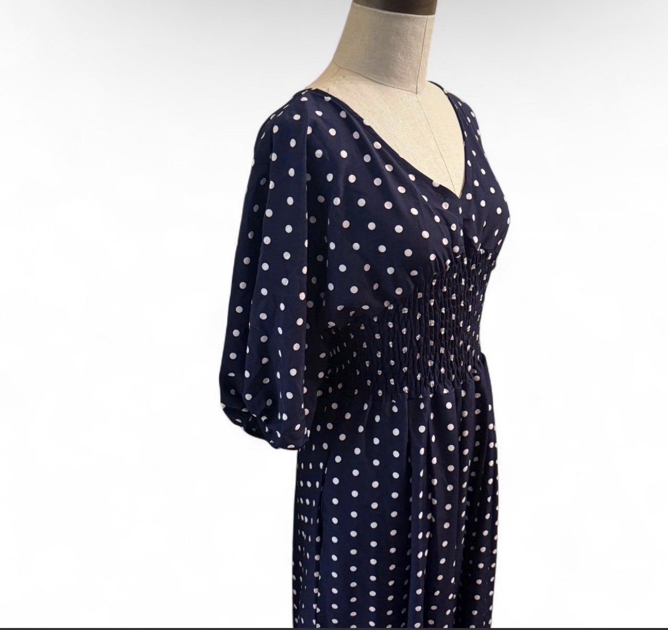 Polka Dot Navy & White Jumper Ruched Waist Tie Back Size Small To Medium