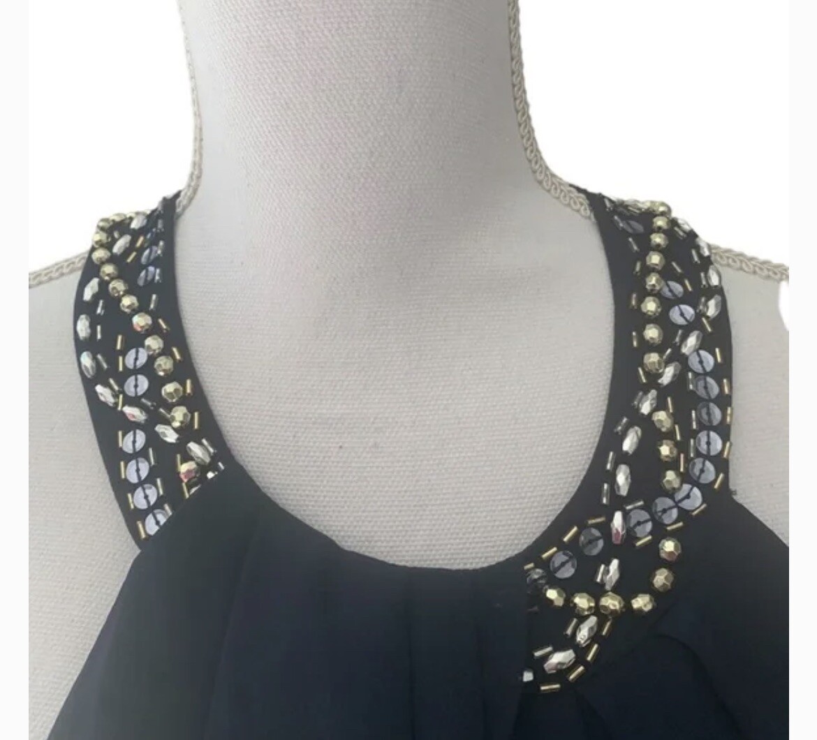 SLNY Ignite Evenings Beaded Braid Halter Neck Chiffon Ruffle Dress Size 8 NWOT