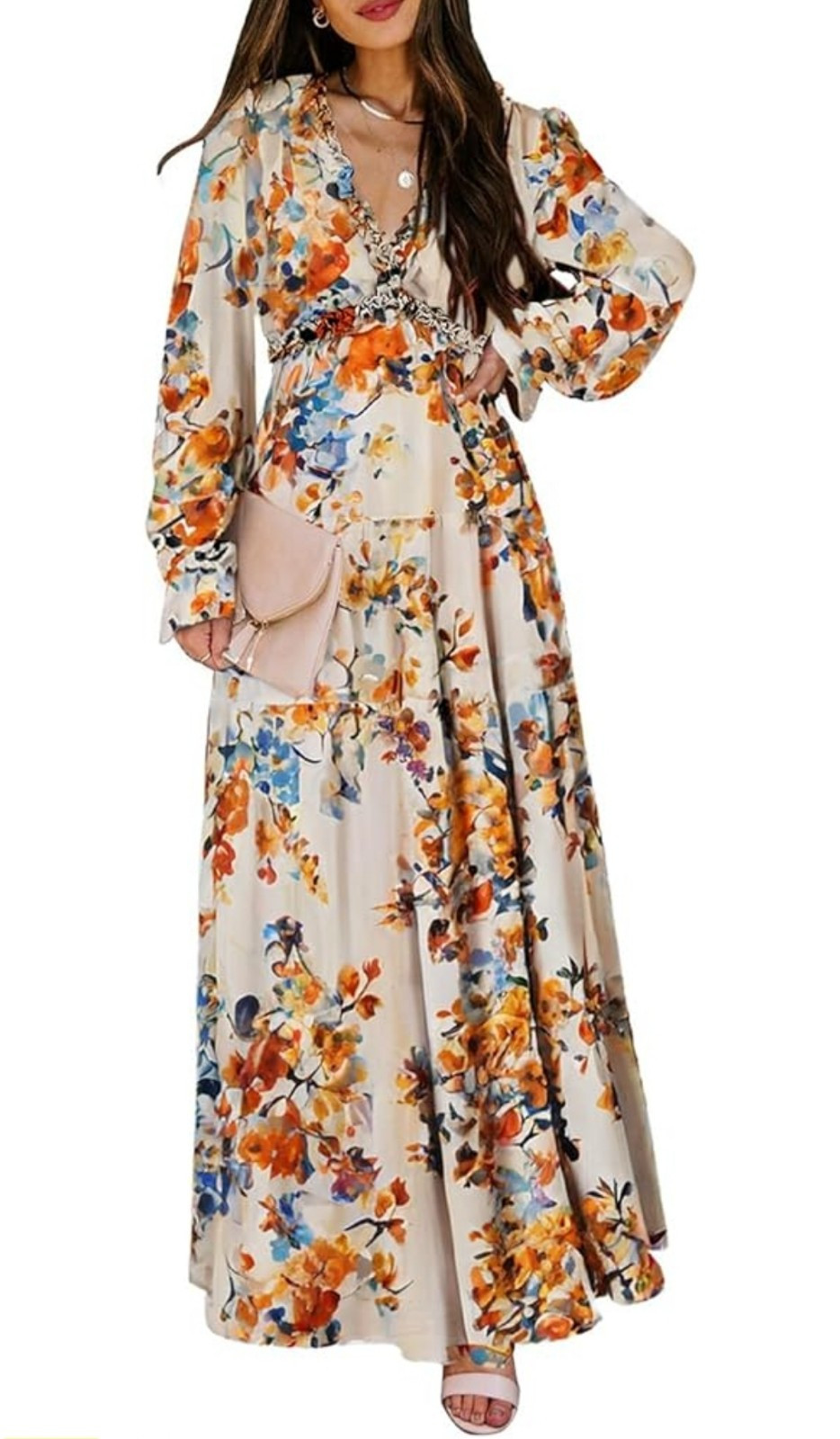 BLENCOT Womens Dress Casual Size L Boho Beige V Neck Short Sleeve Long Maxi