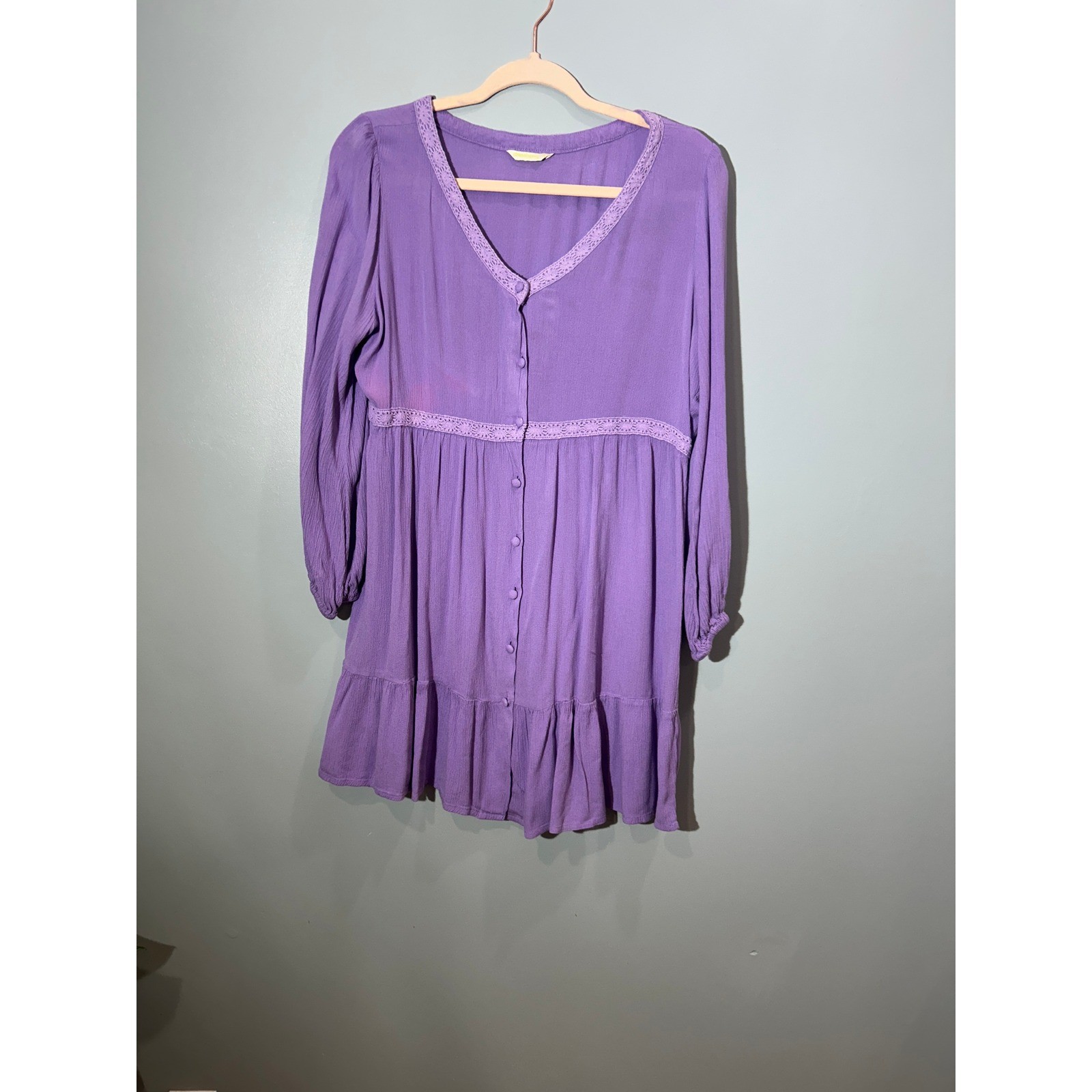 Dressberry Purple Boho Crochet Lace Trim Button Front Tiered Mini Dress
