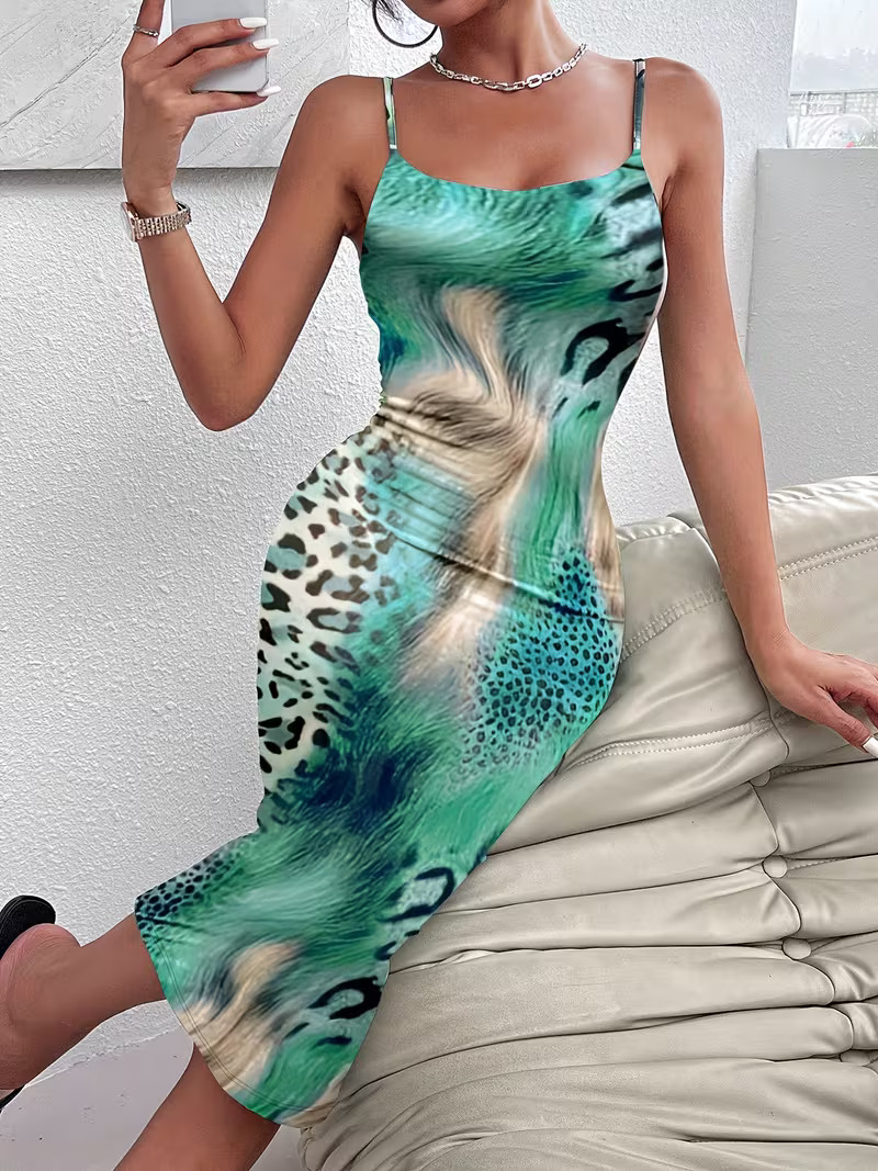 NEW Large. Sexy Intoxicating Abstract Leopard Aqua Green Camisole Midi Dress.