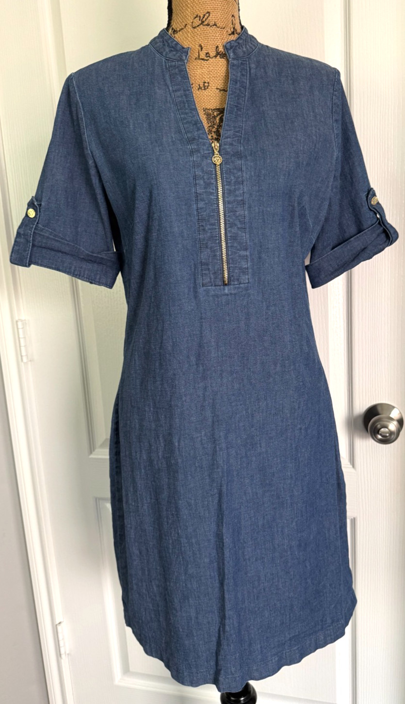 Anne Klein Dress Short Cuffed Sleeve Denim Chambray 1/4 Zip V-Neck Cotton 10