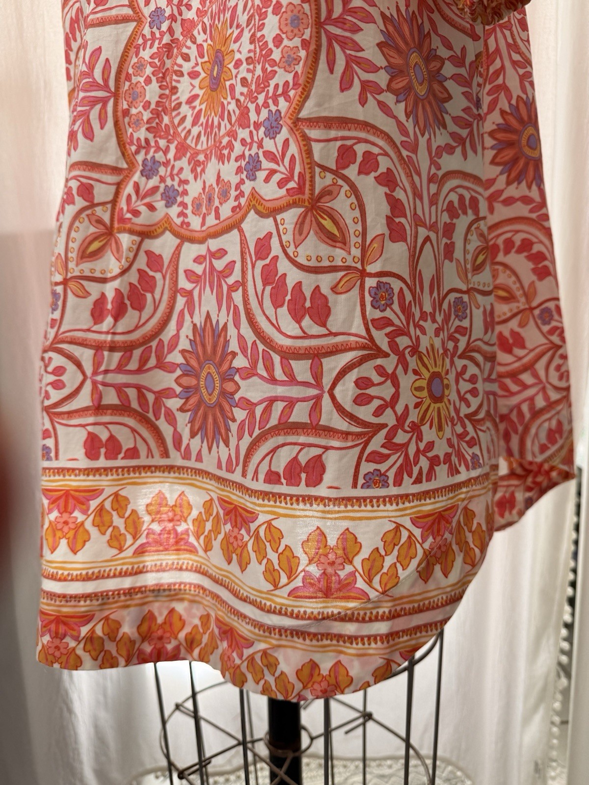 Olivaceous Floral Cotton Woven Shift Dress White Red Orange Purple Puff Sleeve M