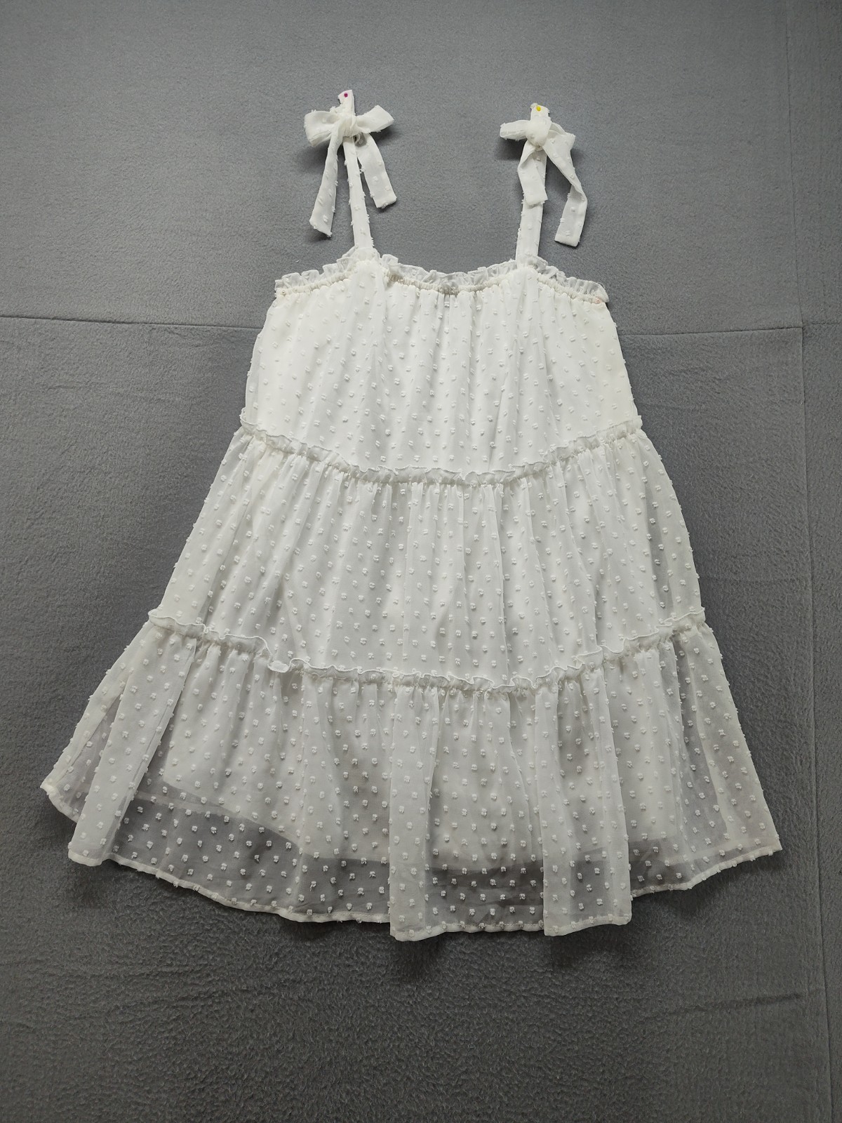 Trixx Women Mini Dress S White 100% Polyester Clip Dot Tiered Ruffle Tie Strap