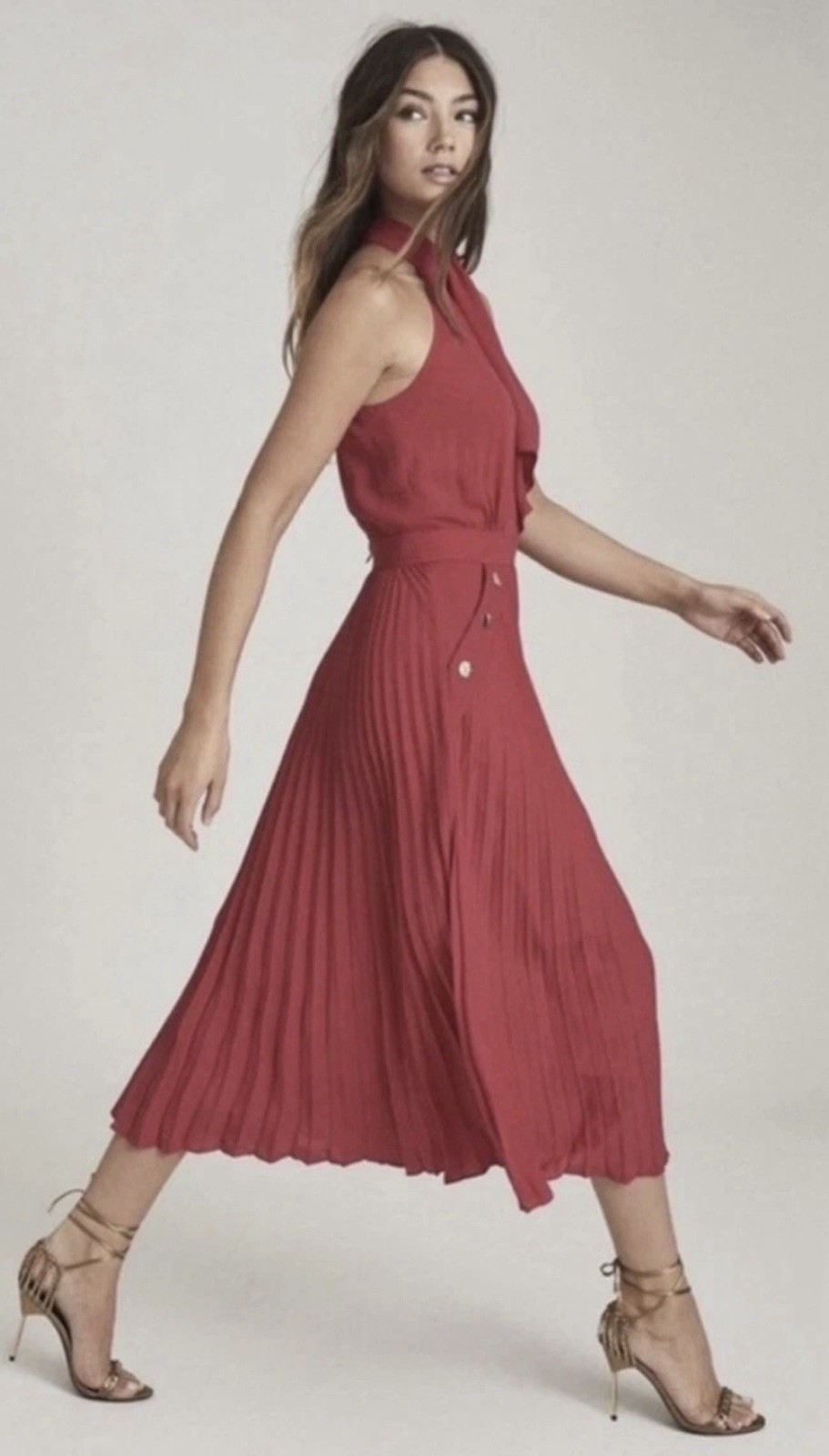 Reiss Red Pleated Halter Midi Dress Berry Pink Gold Button Detail Size 4
