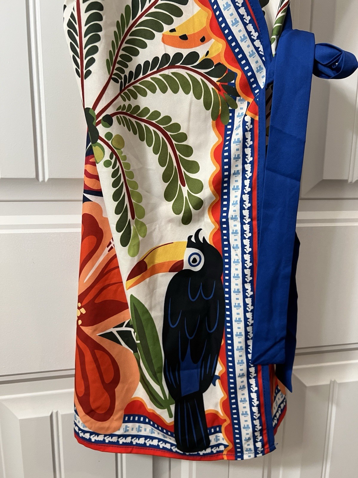 Colorful Tropical Bird Floral Print Wrap Sundress M V-Neck Tie Strap Sleeveless