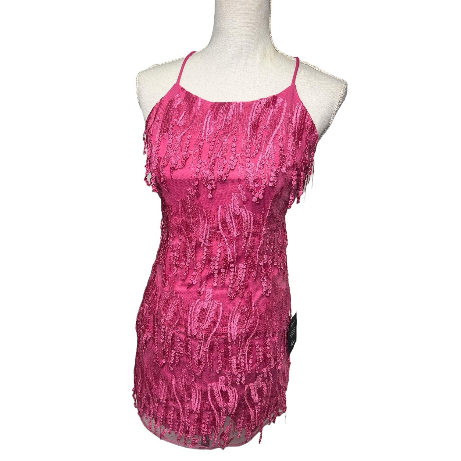 New Lulus Dress Womens M Making Magic Fringe Lace Up Mini Overlay Bright Pink