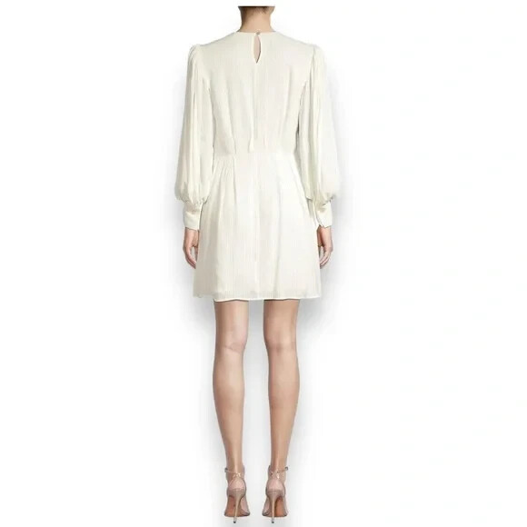REBECCA TAYLOR Snow White Long Puff Sleeve Sheer Opaque Shadow Stripe Dress 2 XS