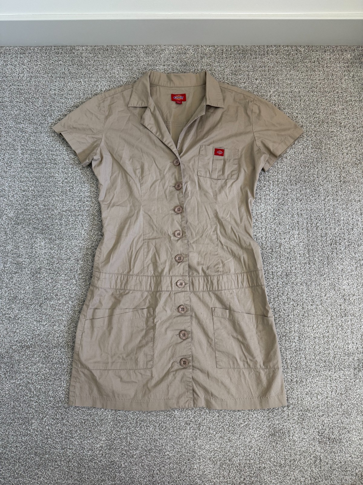 Dickies Womens Shirt Dress Medium Khaki Button Front Short Sleeve