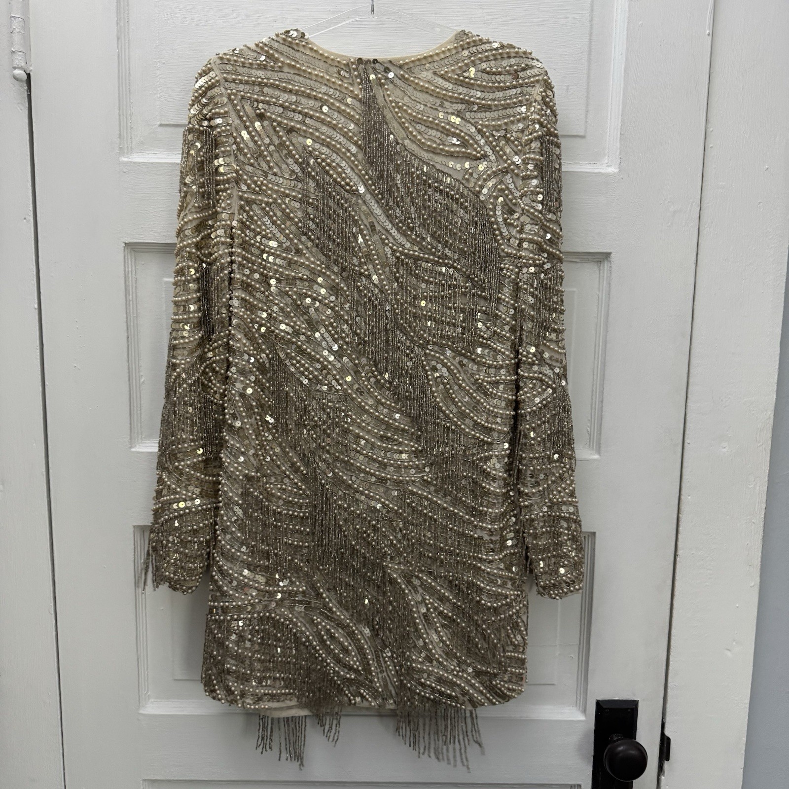 ASOS EDITION Gold Beaded Fringe Sequin Mini Dress V Neck Long Sleeve US 0
