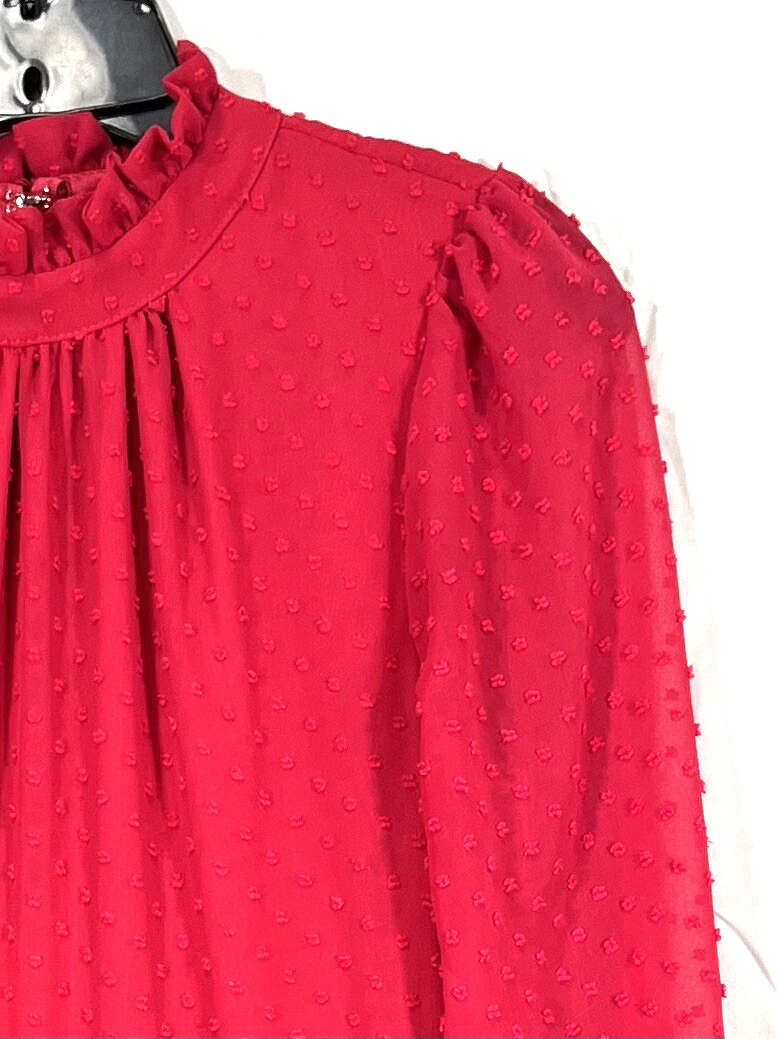 FRANCESCA’S Mi Ami RUBY RED Swiss Dot Chiffon SHEER BACK/SLEEVES Tiered Dress M