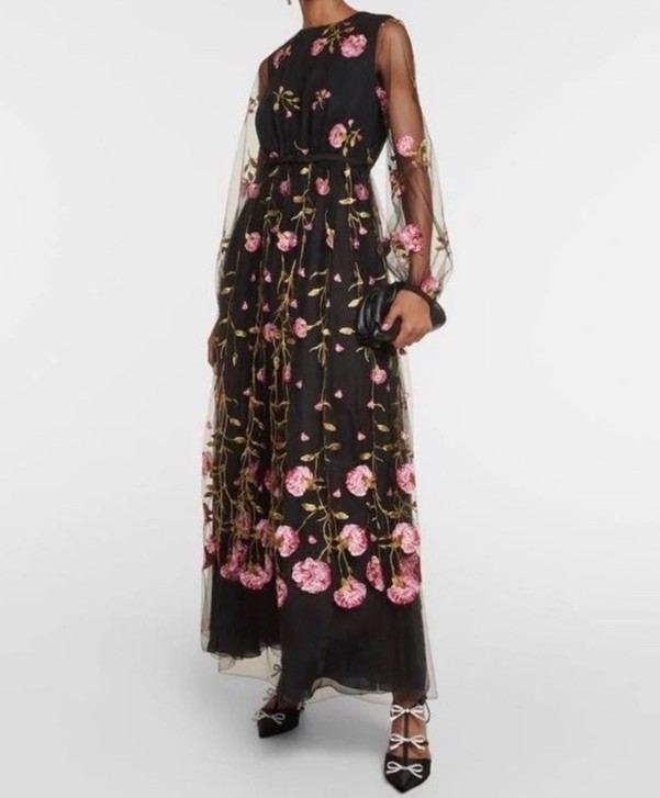 GIAMBATTISTA VALLI Carnation Embroidered Long Sleeve Maxi Dress Black/Rose SZ 4