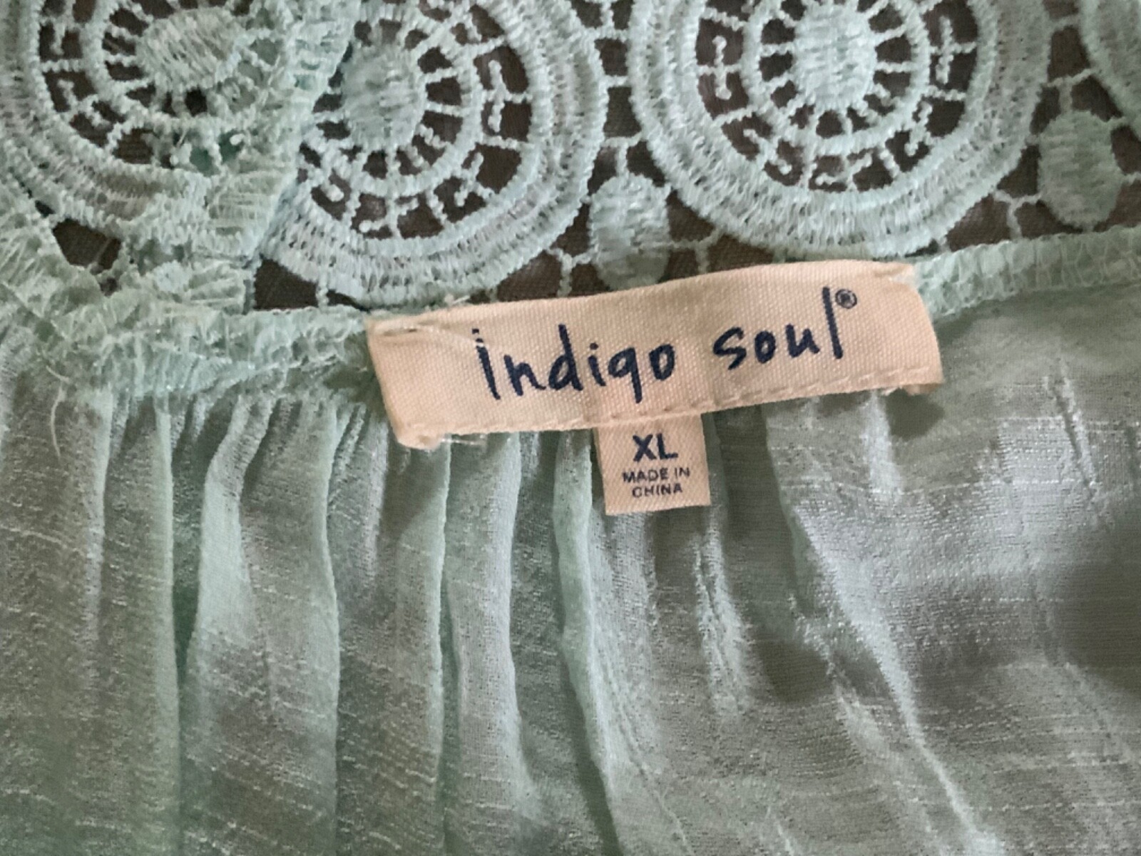 🌸 Indigo Soul Blouse Tunic Mint Green Sheer Lace Size XL 🌸