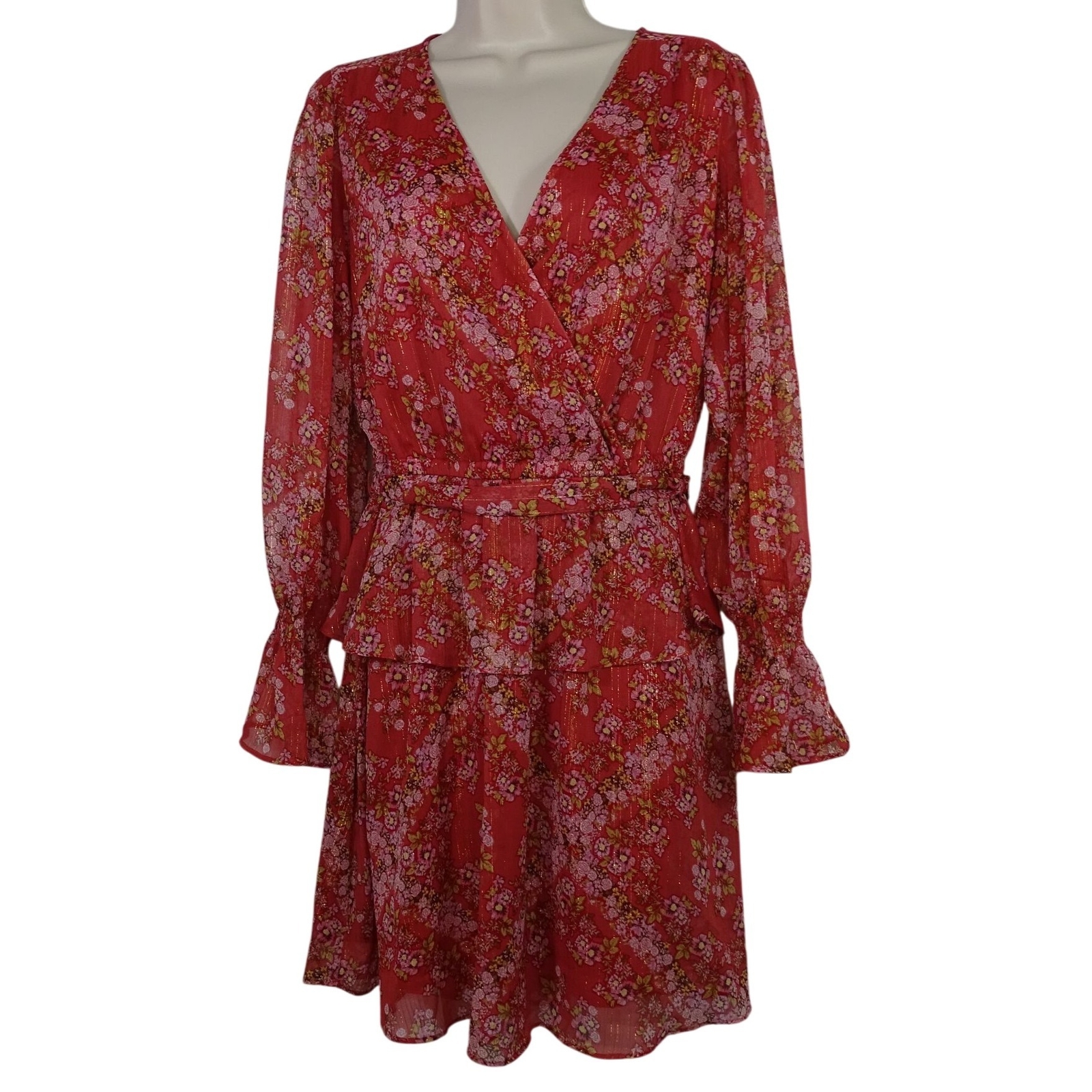 LC Lauren Conrad Red Coral Floral Long Sleeve Faux Wrap Dress Women Size M