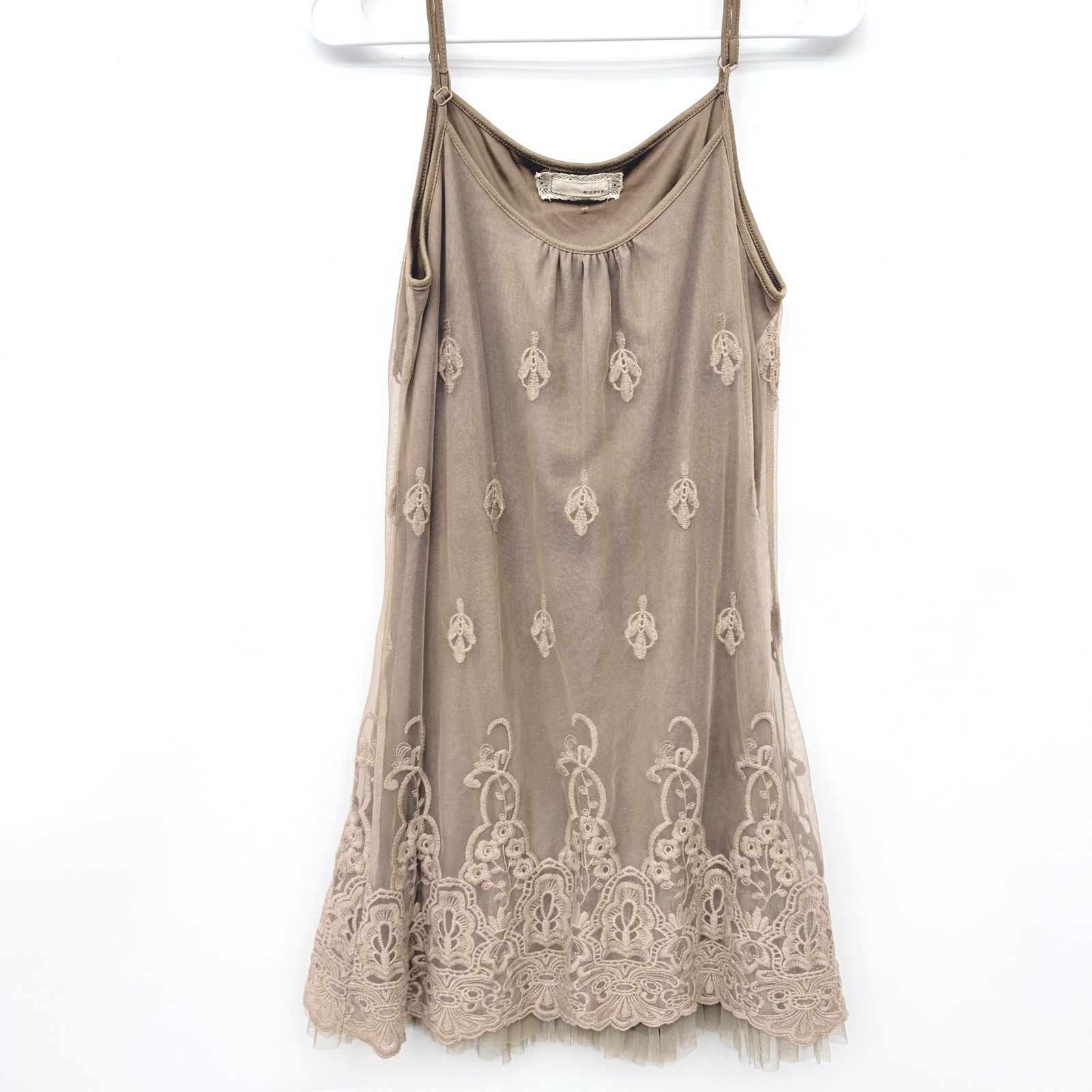 a’reve Lace Trim Mesh Mini Dress Coquette Fairycore Boho Womens Small Taupe