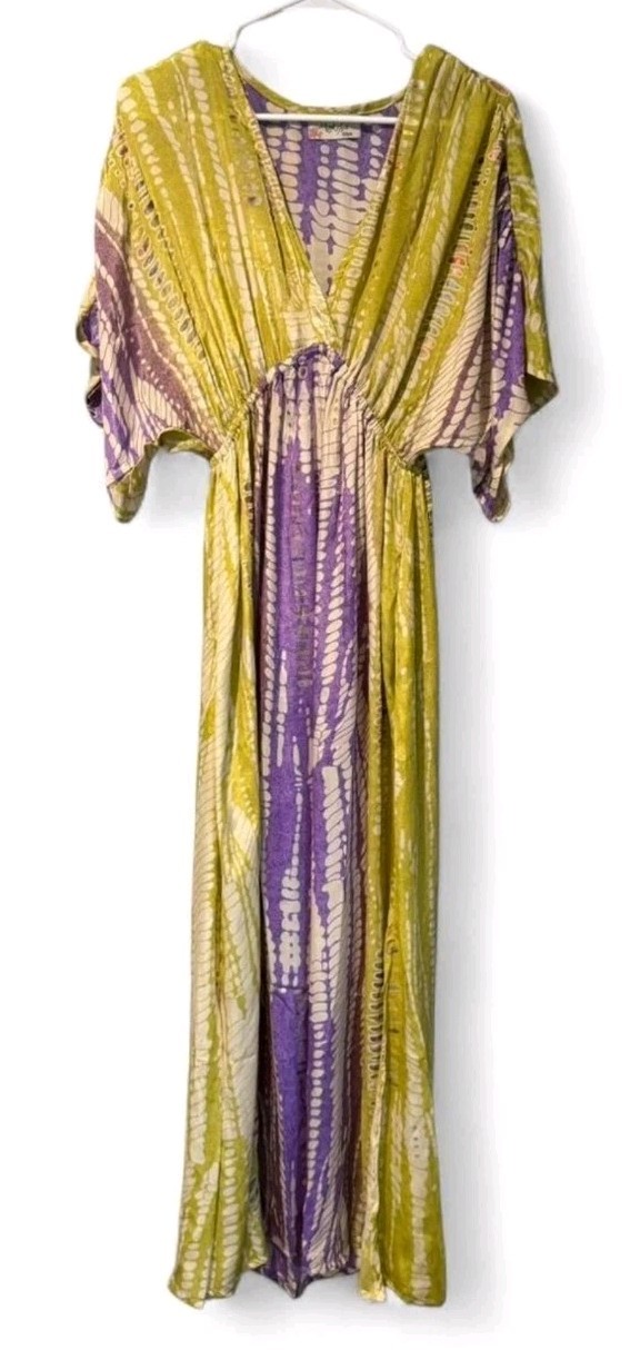 Moksha Ibiza Silk Blend V-Neck Flowy Maxi Pullover Dress Boho Resort