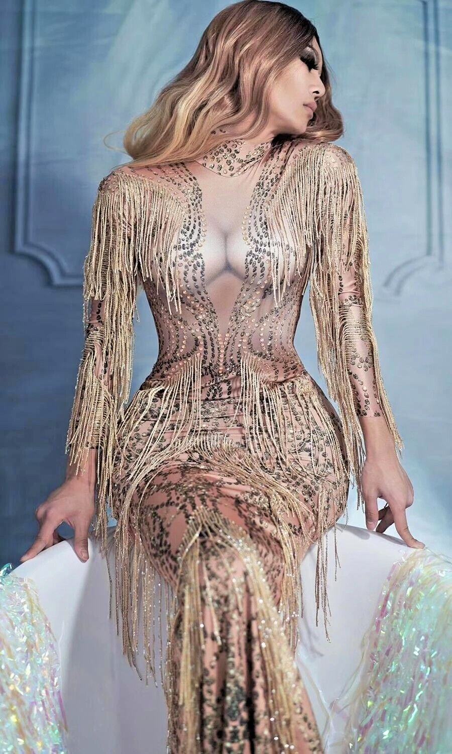 Women Luxury Rhinestones Crystals Tasseled Stretch Long Dress Show Singer Party