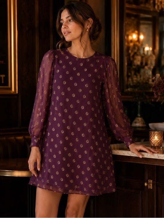 Calvin Klein Tie Cuff Long Sheer Balloon Sleeve Mini Dress Purple Gold Sz 6 NEW