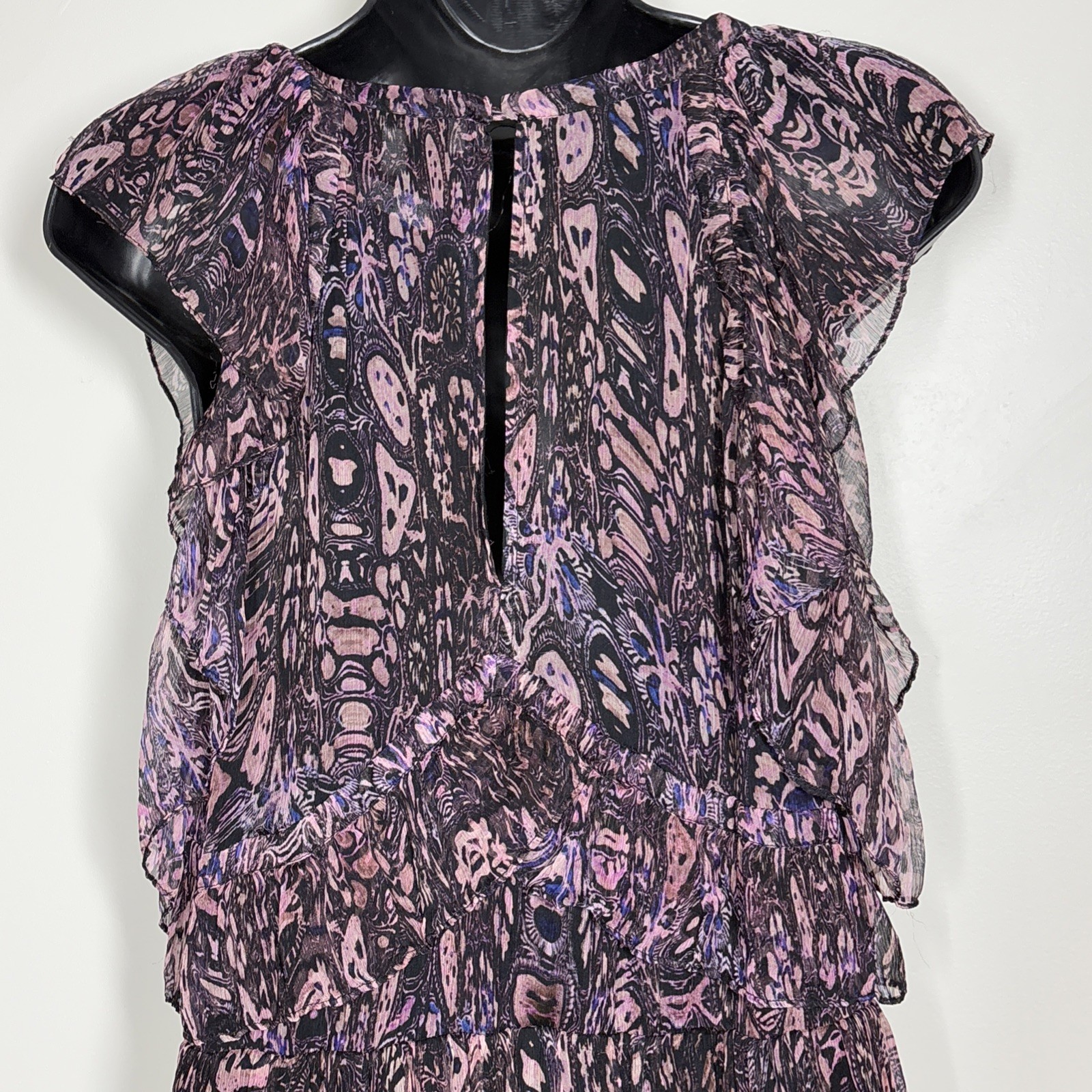IRO Glorie Mini Dress 36 Small Pink black crinkle Ruffle Short Keyhole Viscose